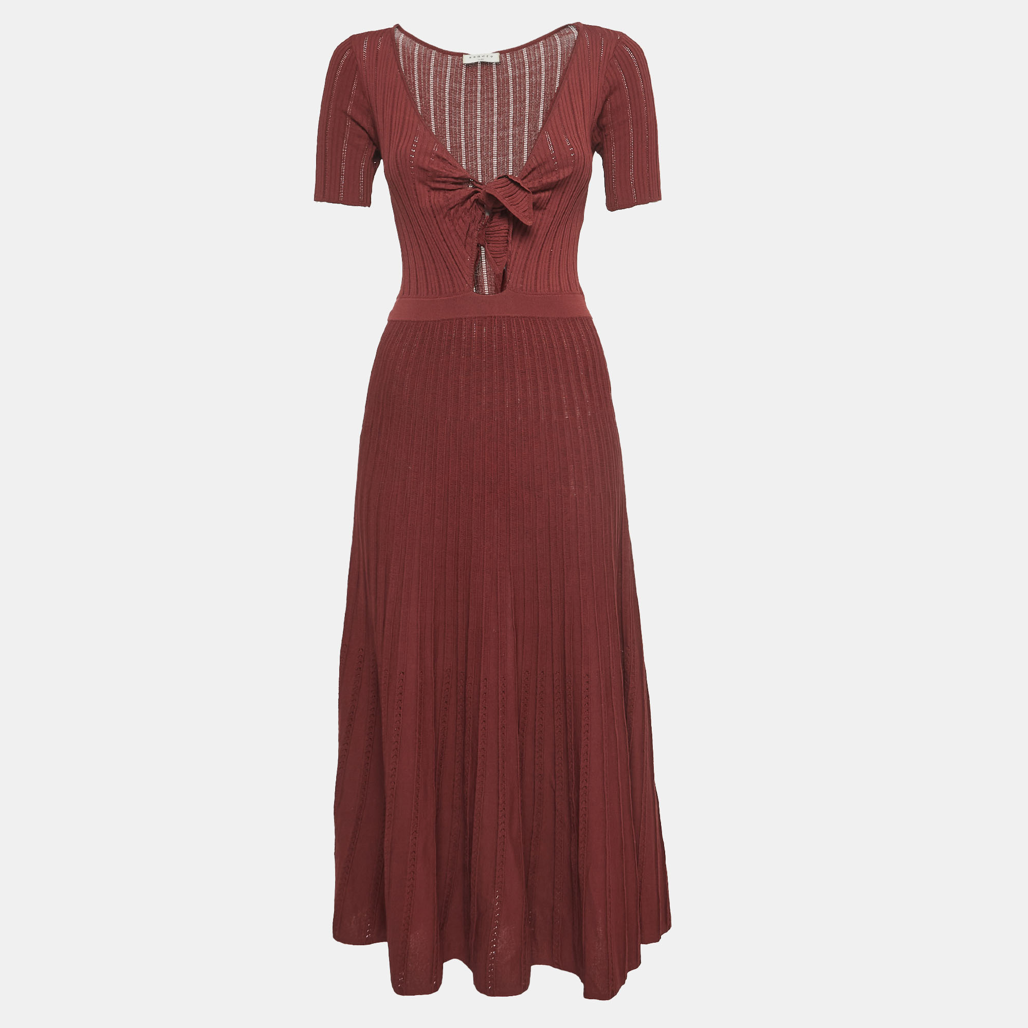 Pre Owned Sandro Burgundy Perforated Knit Knot Detail Midi Dress XS