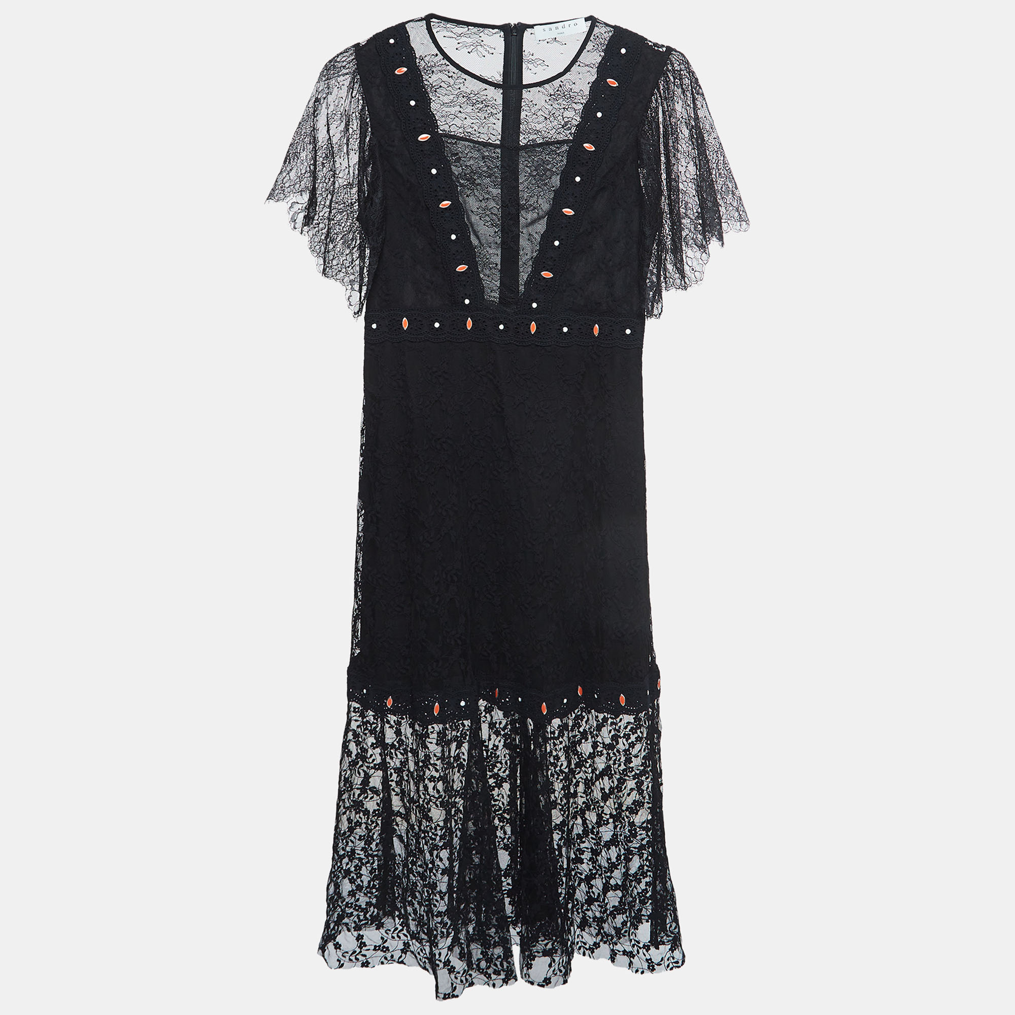 Pre-owned Sandro Black Lace Overlay Priscilla Midi Dress M