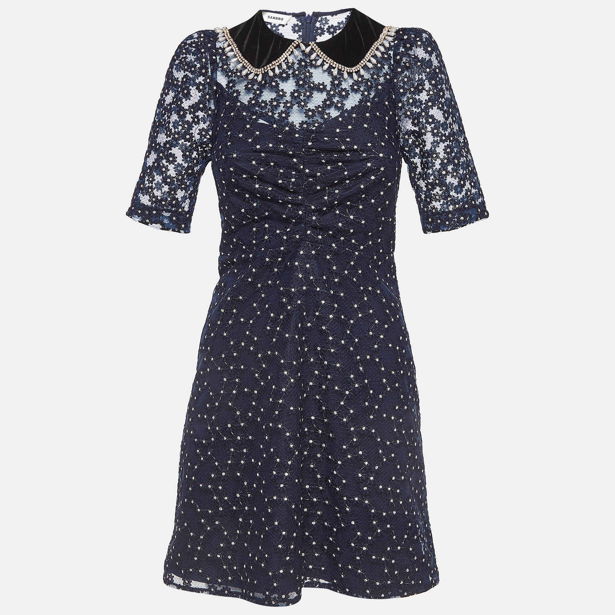 Pre-owned Sandro Navy Blue Lace Embellished Lucianita Mini Dress S