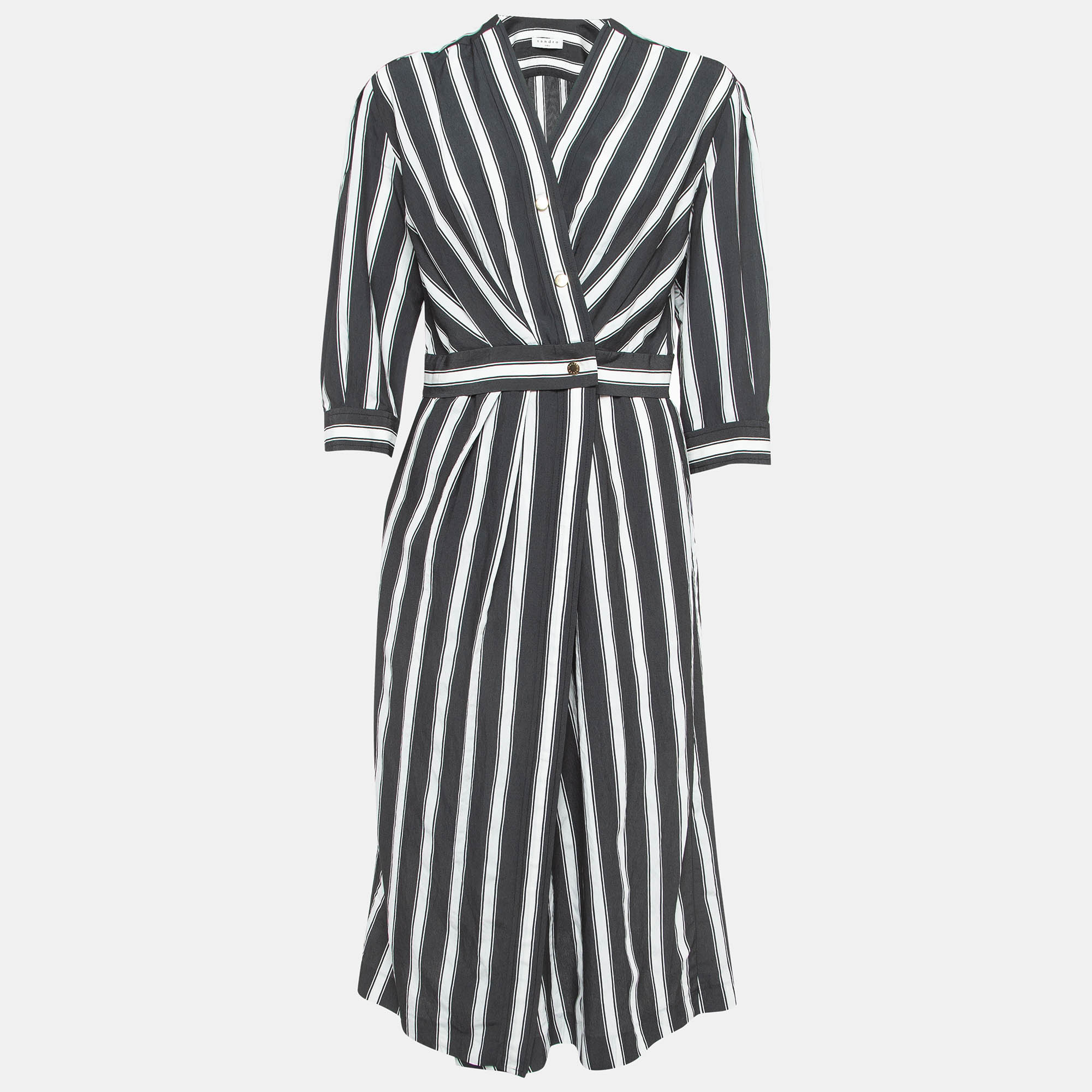 Pre-owned Sandro Black/white Striped Crepe Midi Shirt Dress M