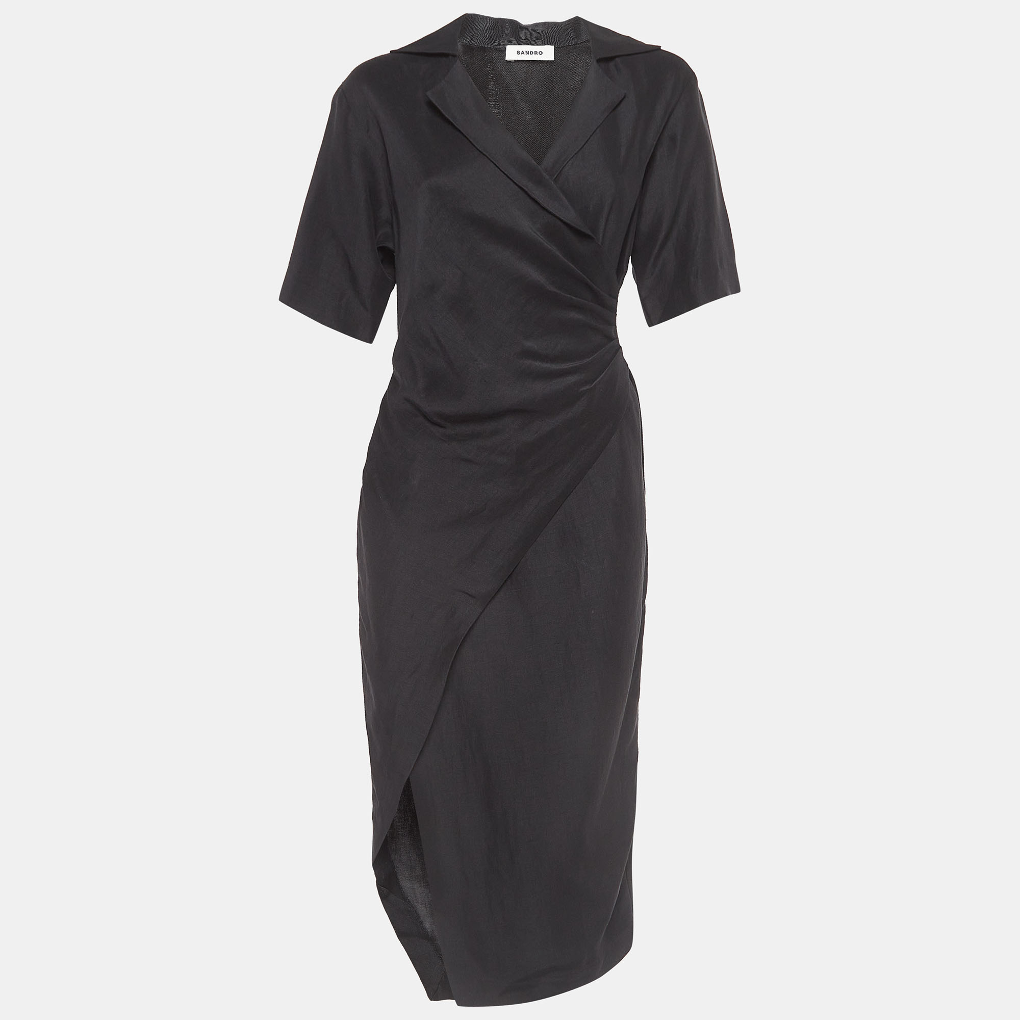 

Sandro Black Linen Blend Ruched Midi Dress