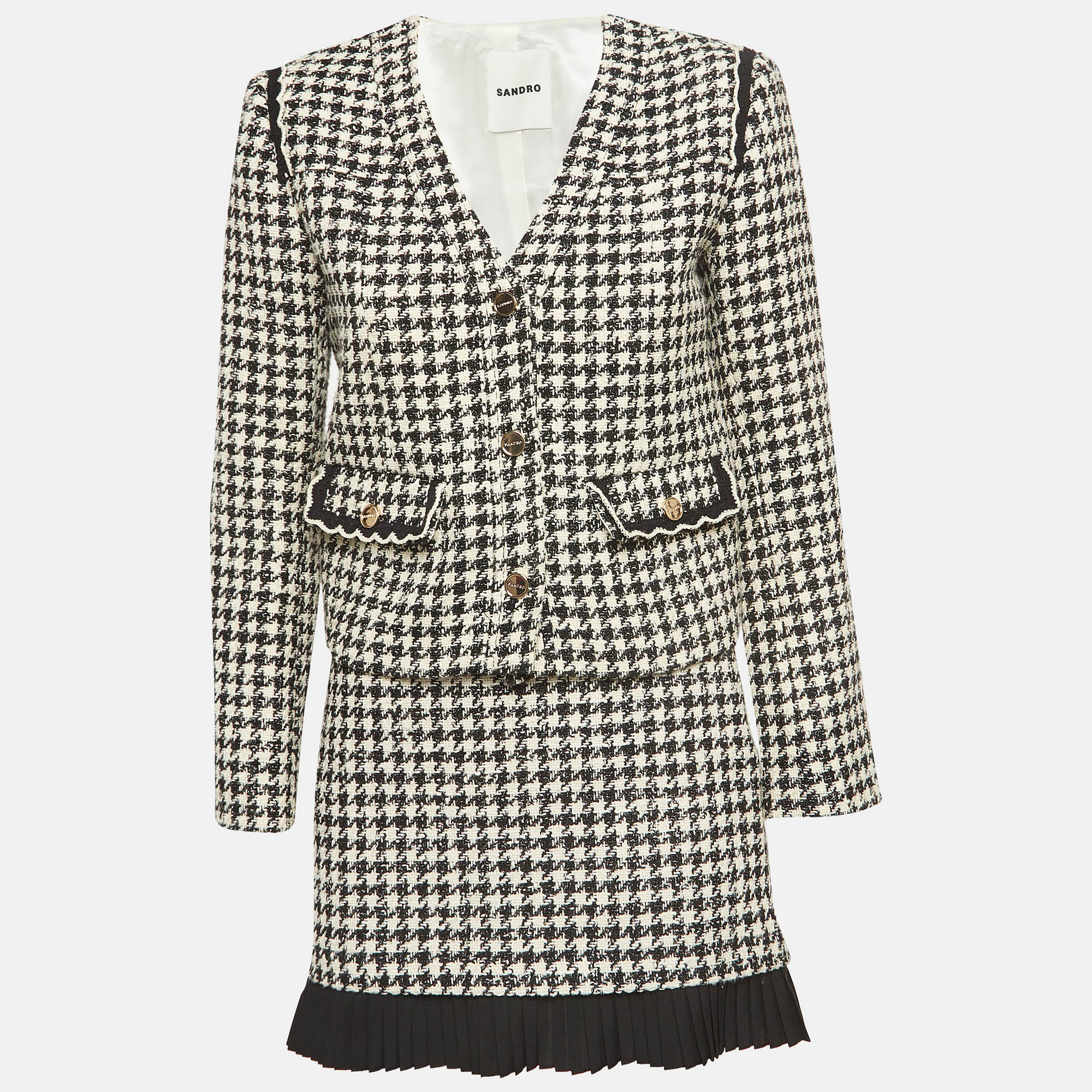 Pre-owned Sandro Black/cream Houndstooth Jacquard Jacket & Skirt Set S