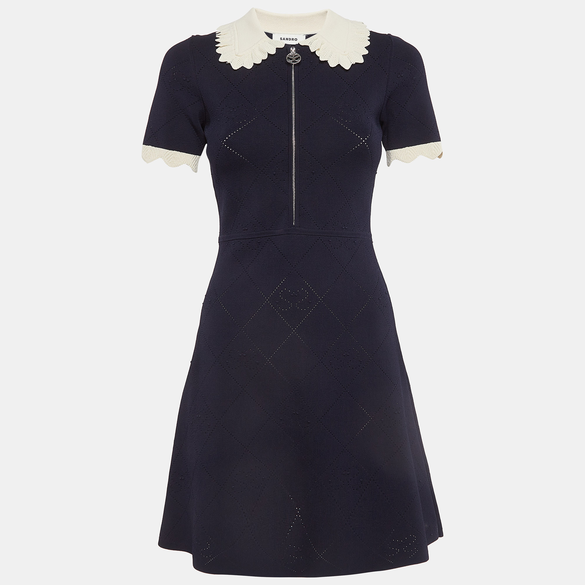 

Sandro Navy Blue Patterned Knit Zip-Up Mini Dress