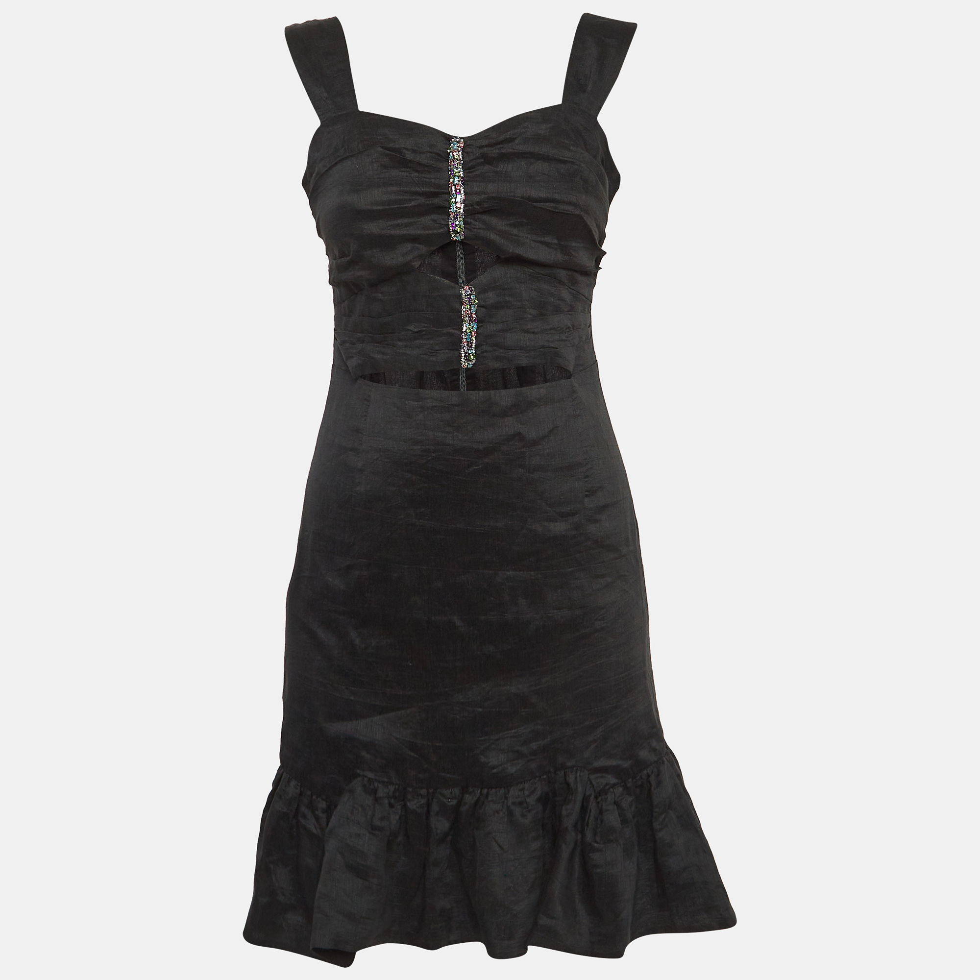 

Sandro Black Crystal Embellished Linen Blend Cut-Out Detail Mini Dress