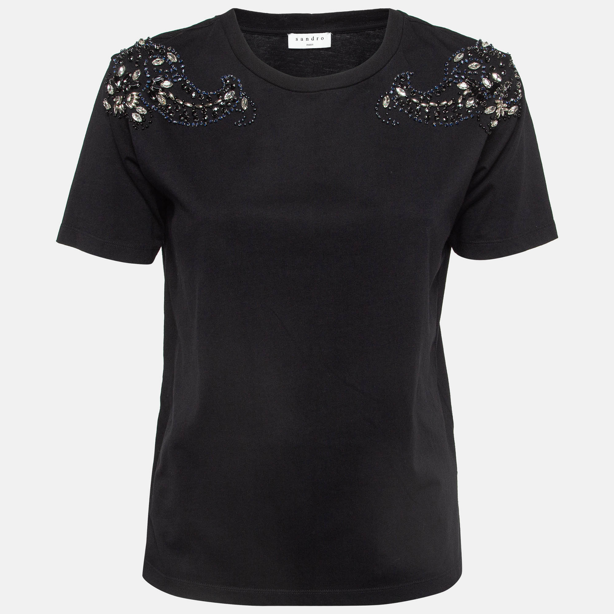 Pre-owned Sandro Black Cotton Knit Crystal Embellished T-shirt S