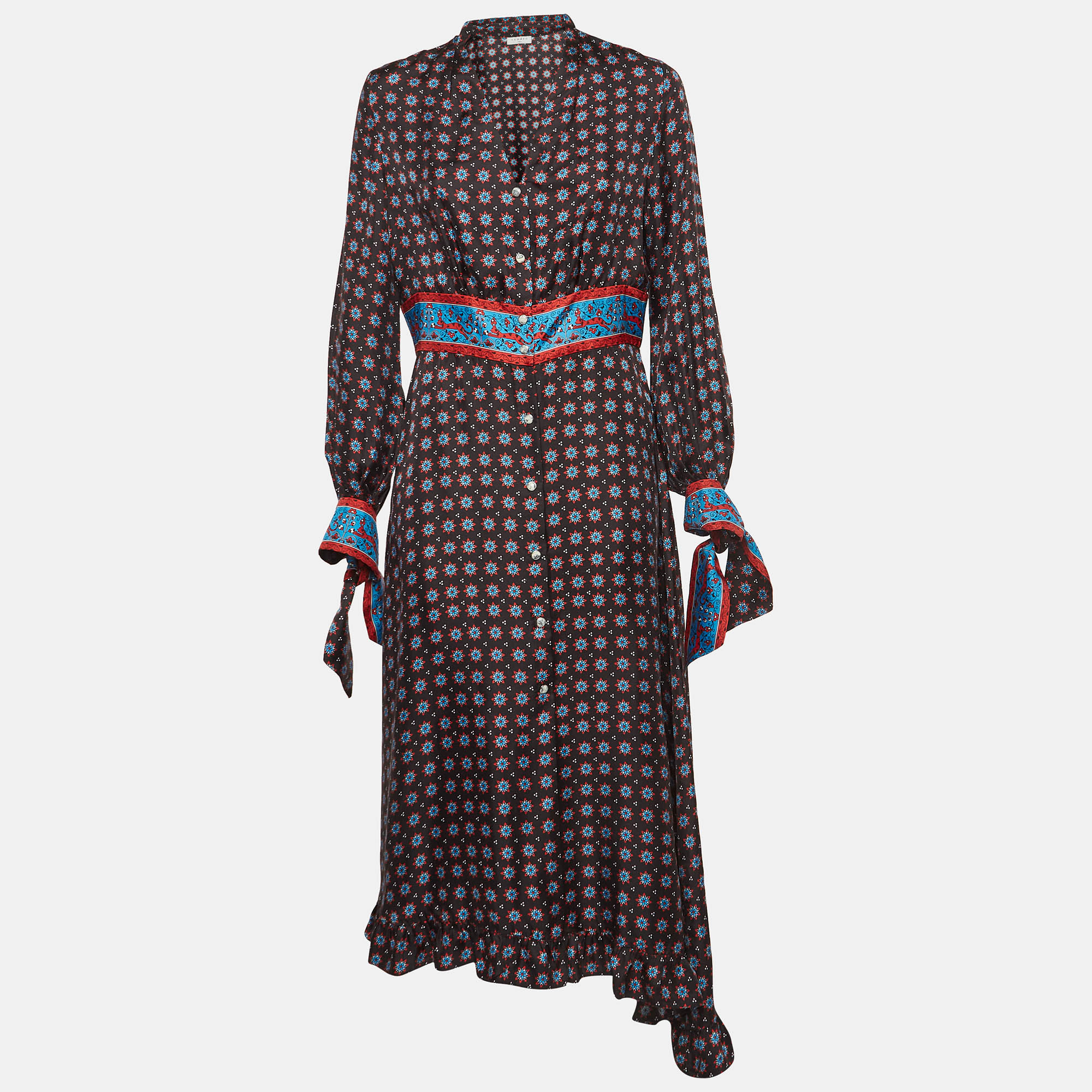 

Sandro Navy Black/Blue Printed Silk Twill Catlyn Pleated Midi Dress