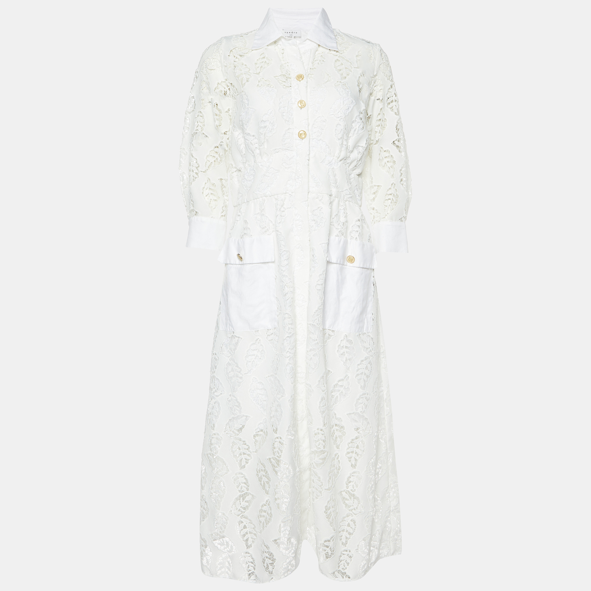Pre-owned Sandro White Embroidered Lace Midi Dress L