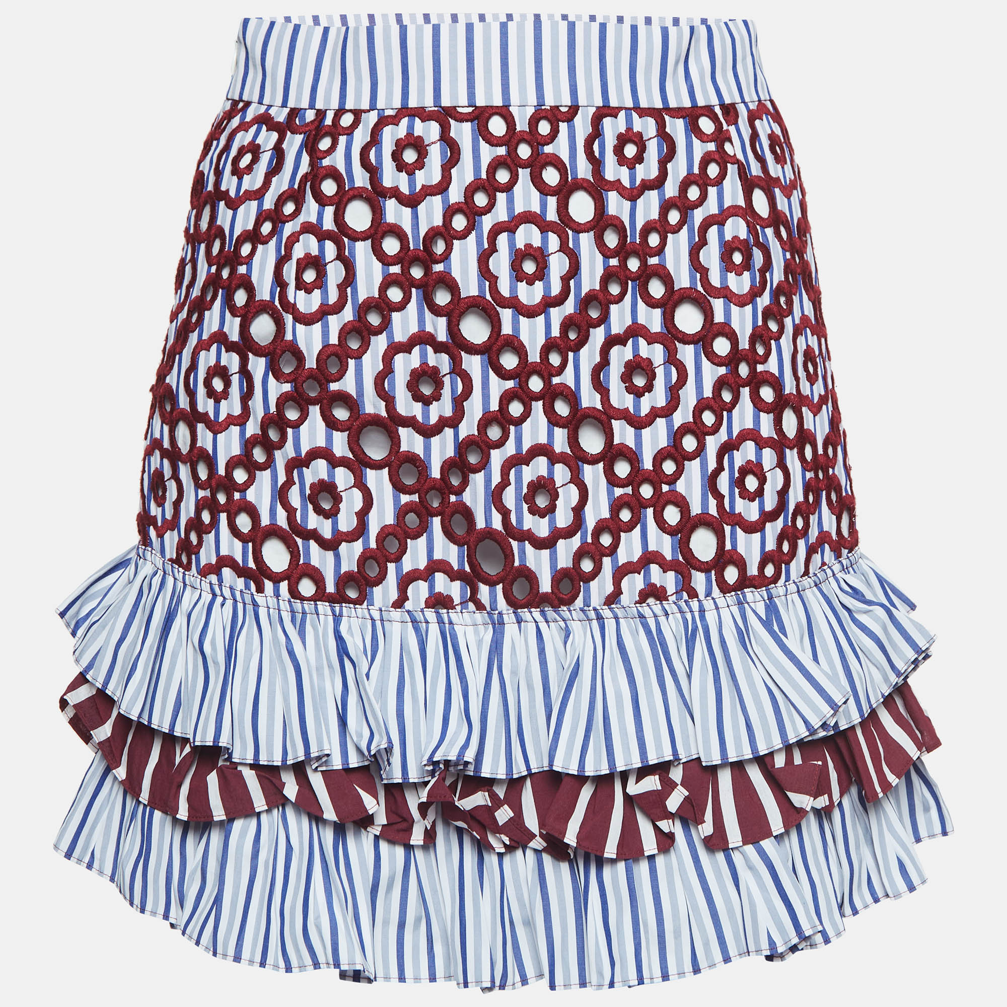 

Sandro Multicolor Embroidered Cotton Blend Tiered Mini Skirt