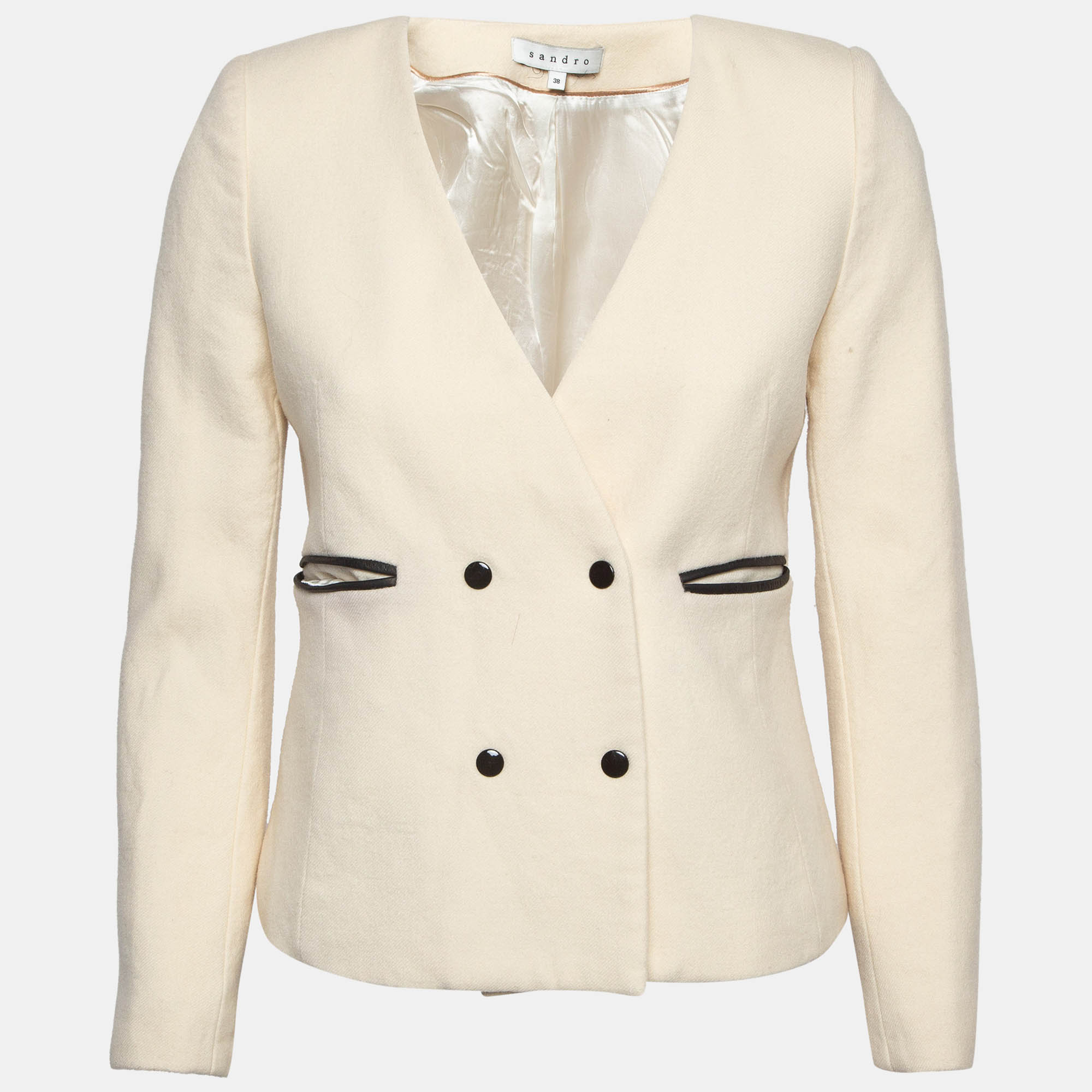 Pre-owned Sandro Cream Wool Double Breasted Blazer M