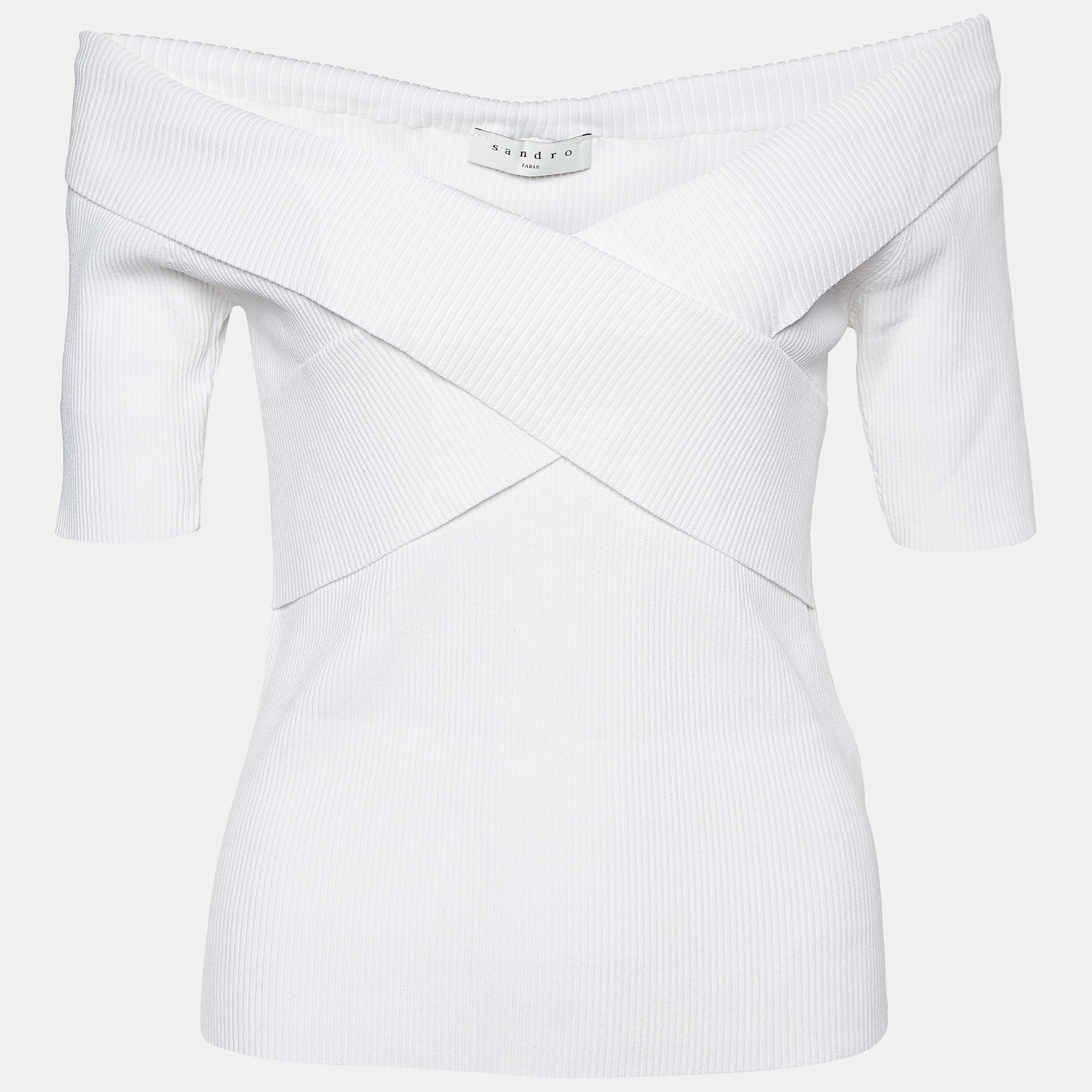 

Sandro White Rib Knit Criss-Cross Detail Galina Top L