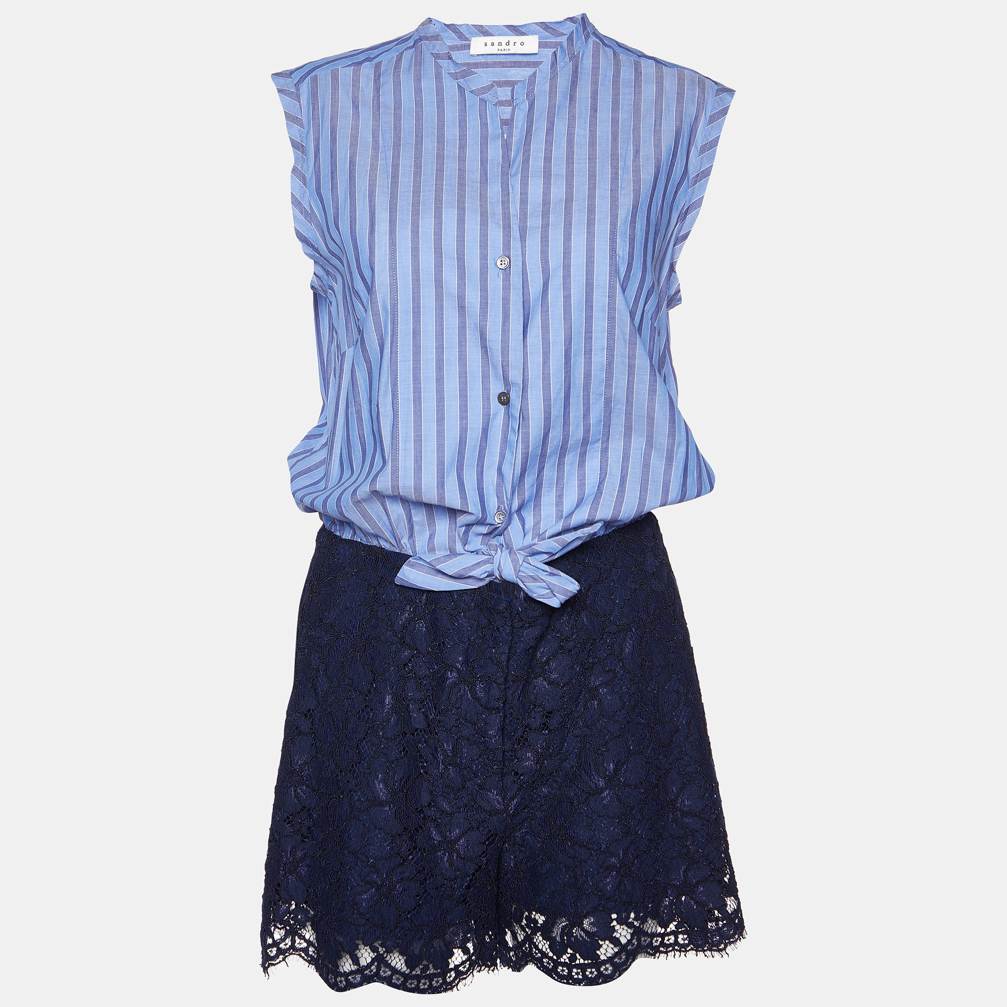 

Sandro Blue Floral Lace and Pinstripe Cotton Playsuit M