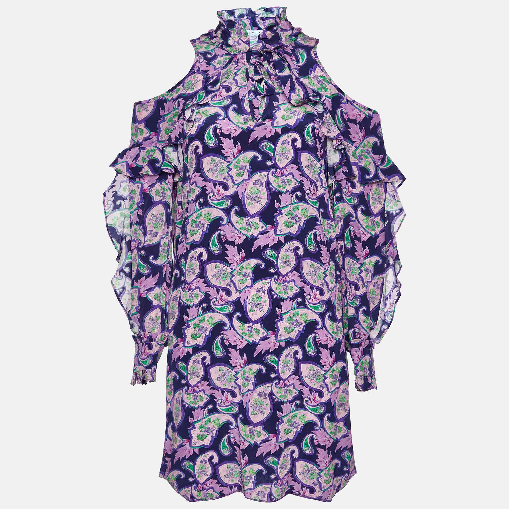 Pre-owned Sandro Purple Paisley Print Silk Ruffled Mini Dress S