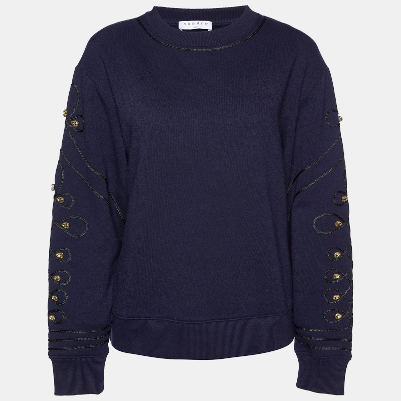 

Sandro Navy Blue Cotton Blend Knit Embellished Sleeve Sweatshirt S