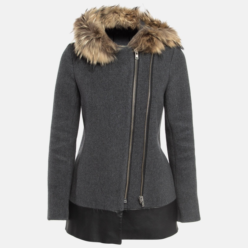 

Sandro Grey Wool Blend and Fur Hooded Coat XS