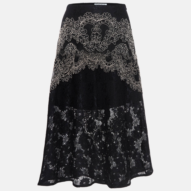 Pre-owned Sandro Black Lace Embroidered Midi Skirt S In Blue
