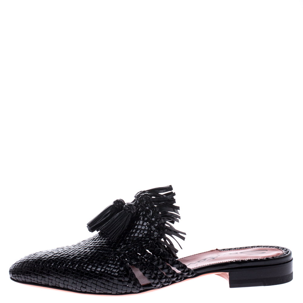 

Santoni Black Woven Leather Fringe Detail Flat Mules Size