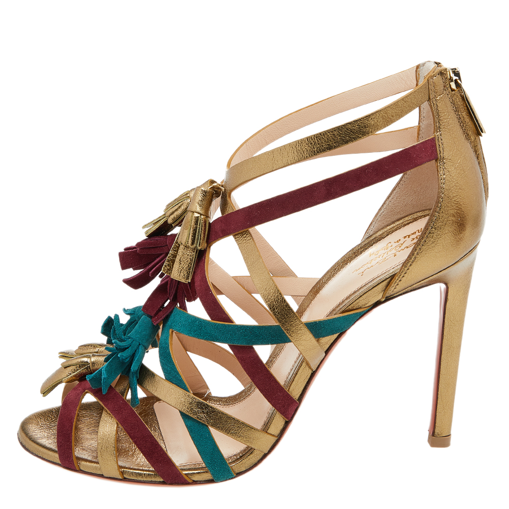 

Santoni Multicolor Suede And Leather Fringe Detail Strappy Sandals Size