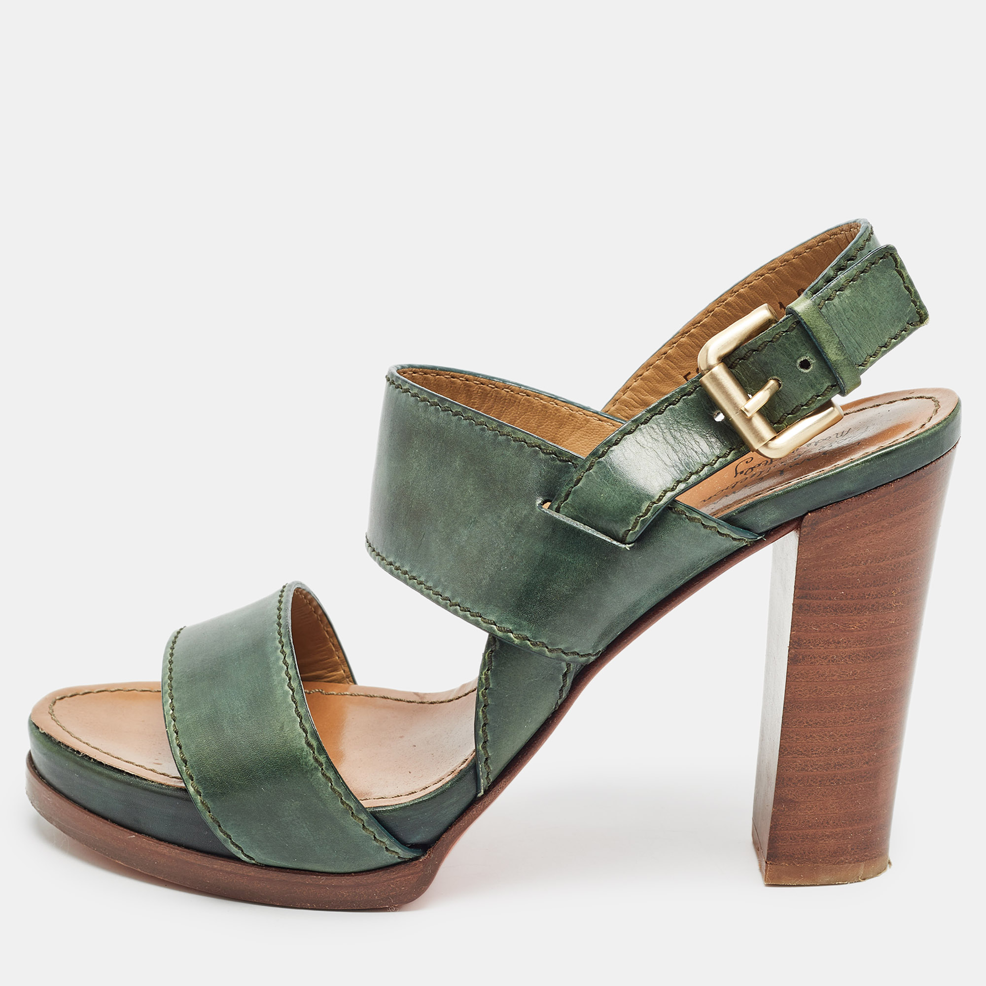 

Santoni Green Leather Platform Block Heel Ankle Strap Sandals Size