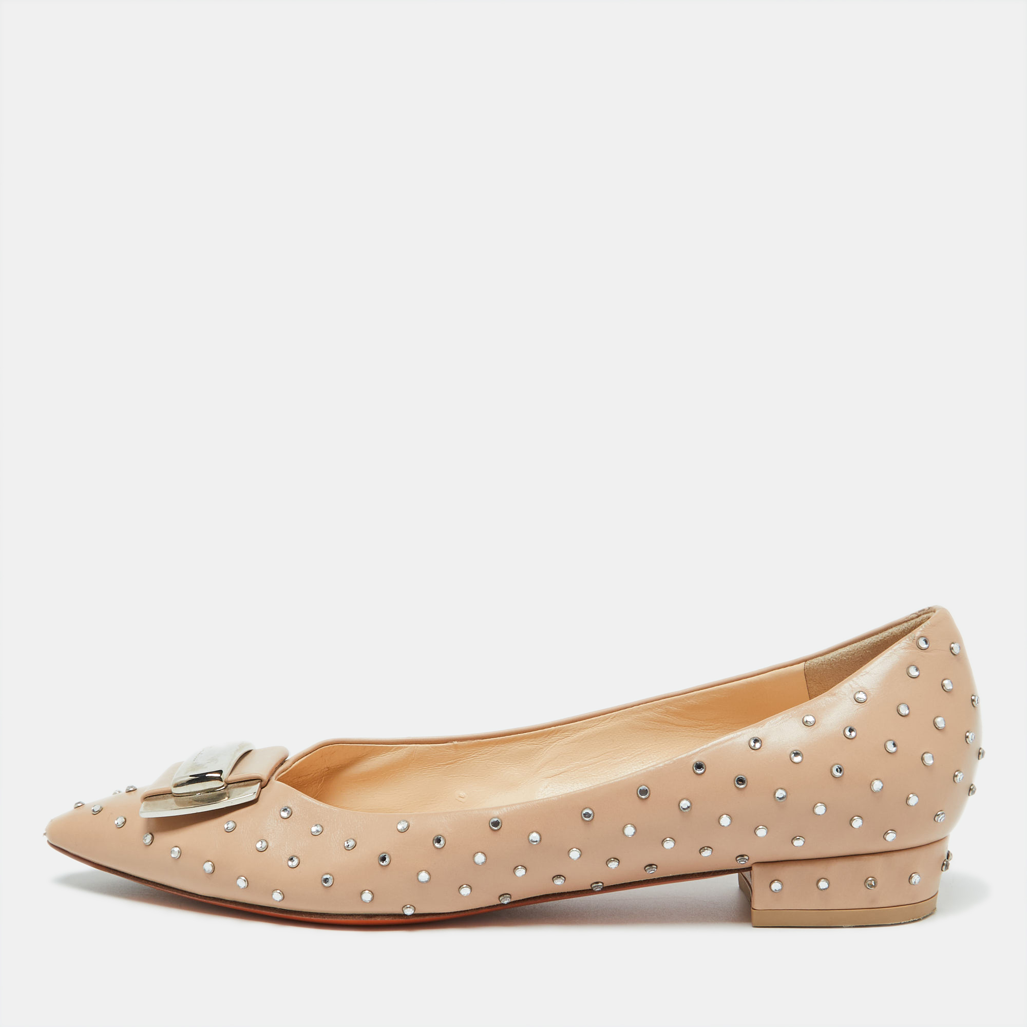 

Santoni Beige Leather Crystal Embellished Pointed Toe Buckle Ballet Flats Size