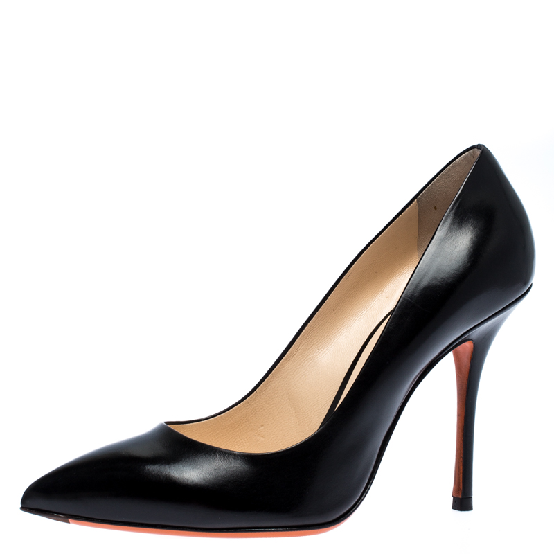 Pre Owned حذاء كعب عالي سانتوني مقدمة مدببة جلد أسود مقاس 38