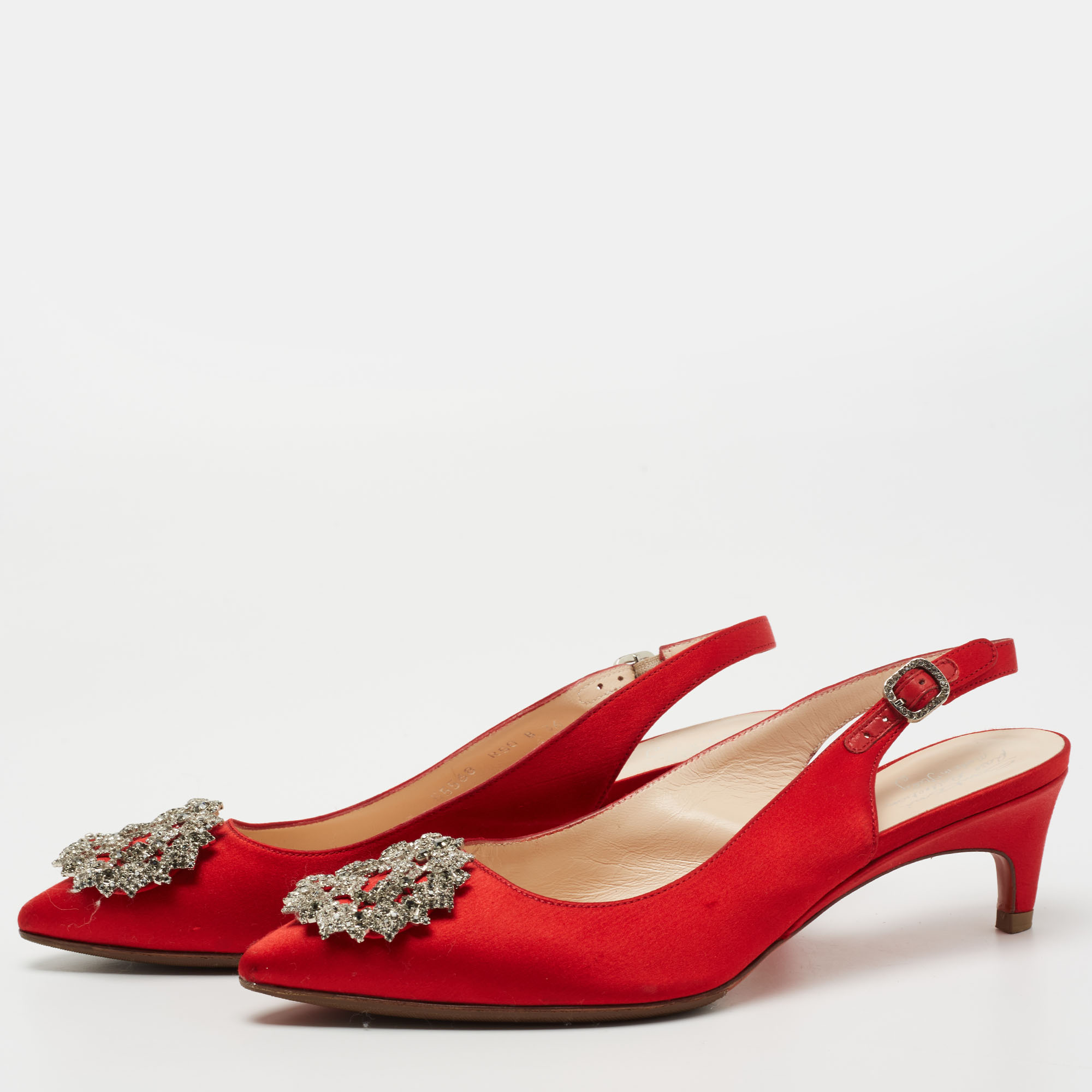 

Santoni Red Satin Crystal Embellished Buckle Slingback Pumps Size