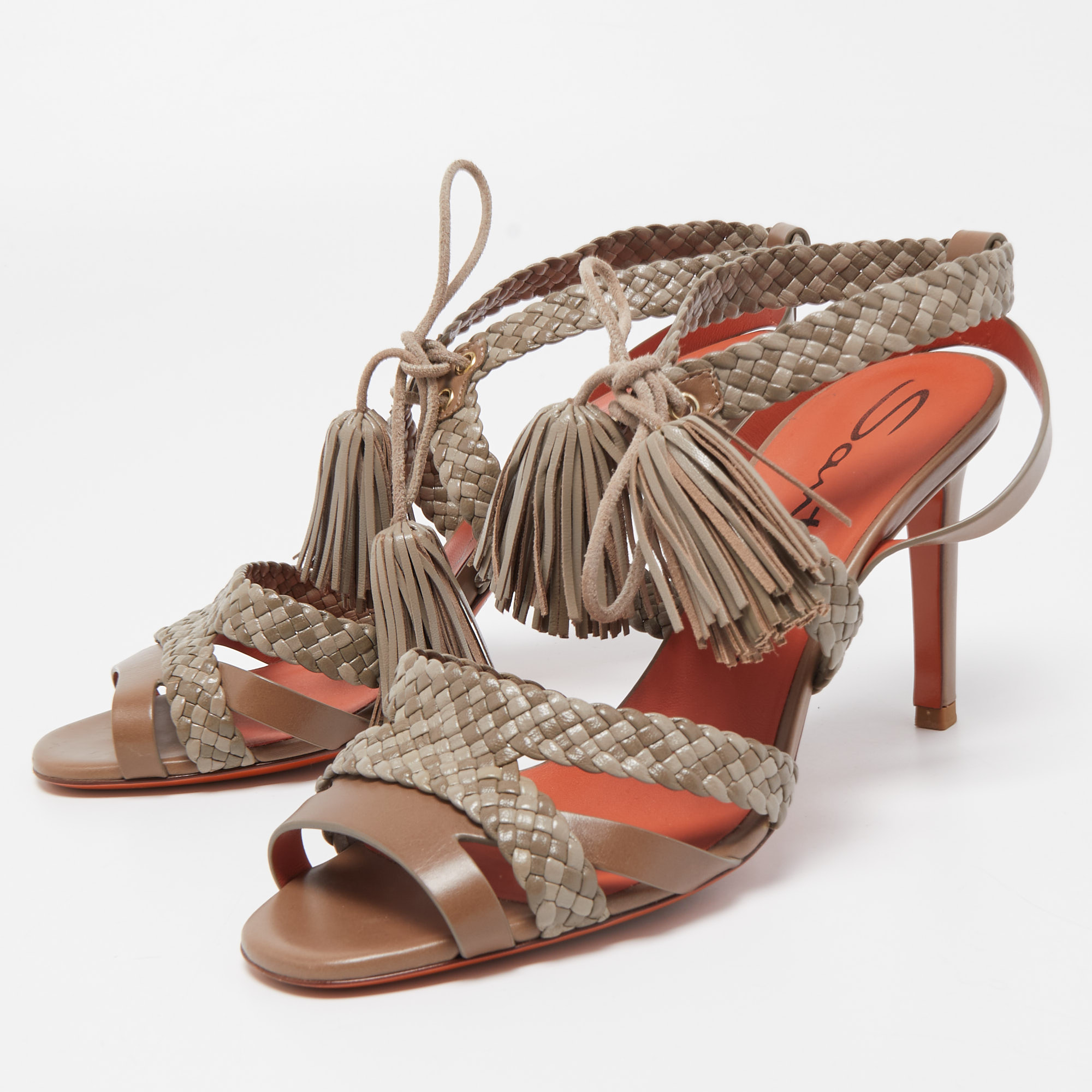 

Santoni Two Tone Woven Leather Tassel Ankle Tie Sandals Size, Brown