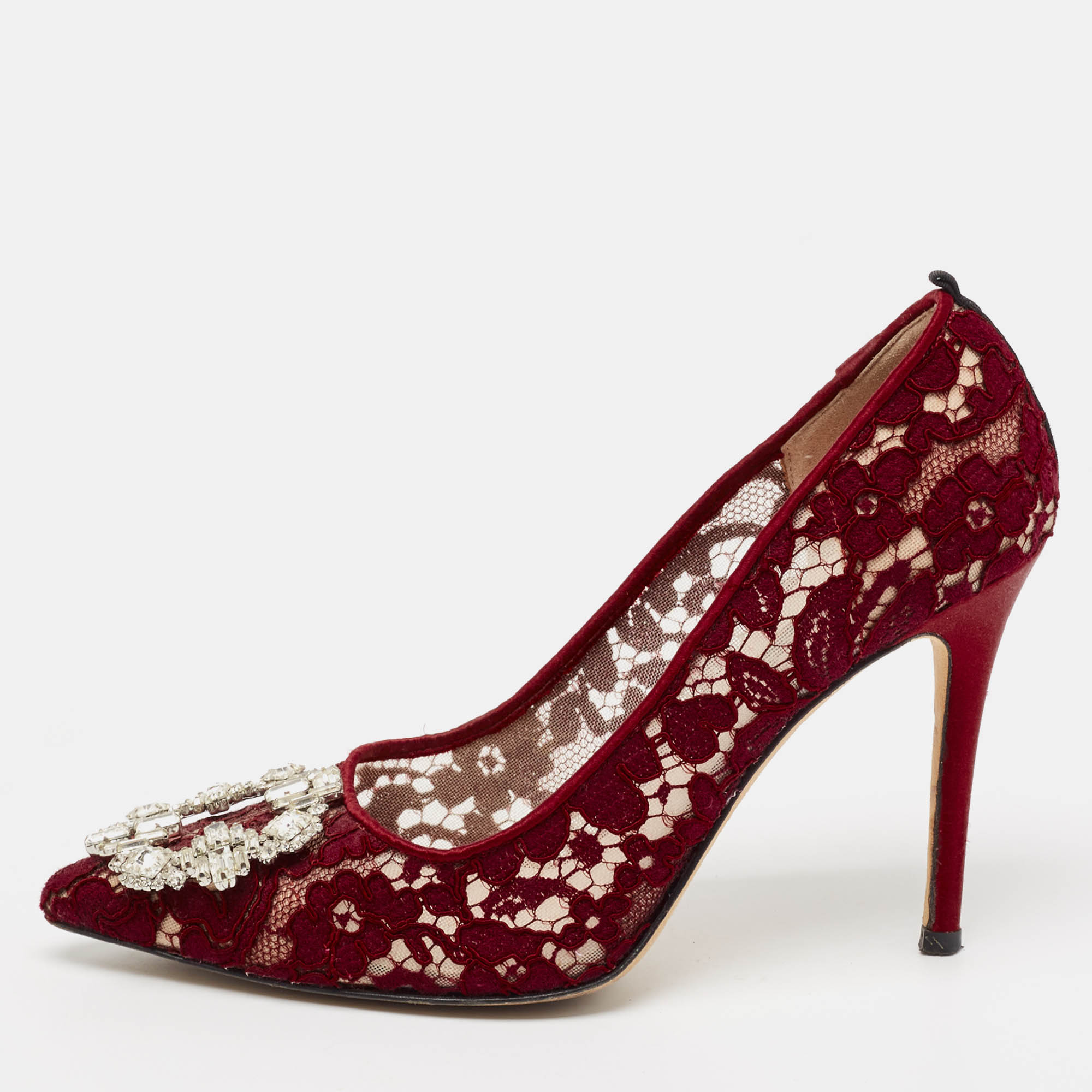 

SJP Sarah Jessica Parker Burgundy Lace Crystal Embellished Buckle Pumps Size