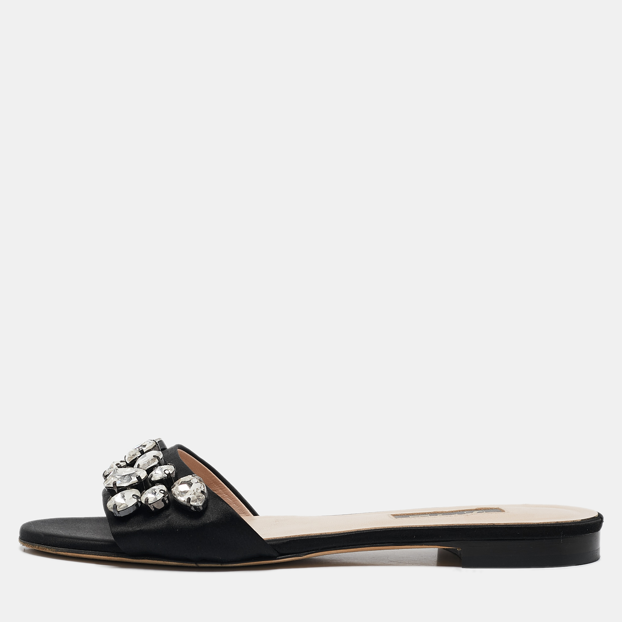 

SJP Sarah Jessica Parker Black Satin Crystal Embellished Flat Slides Size