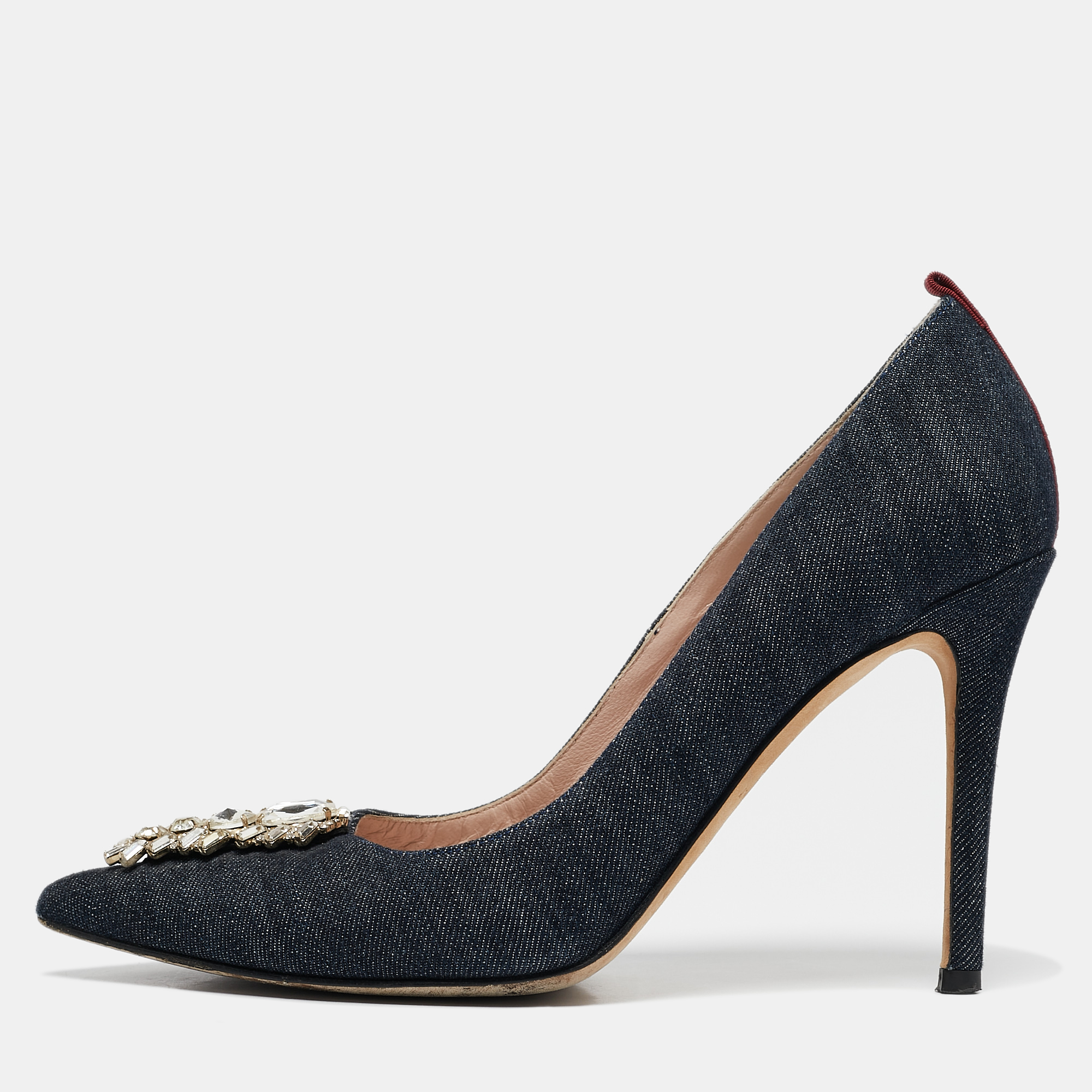 

SJP Sarah Jessica Parker Navy Blue Denim Crystal Embellished Pointed Toe Pumps Size