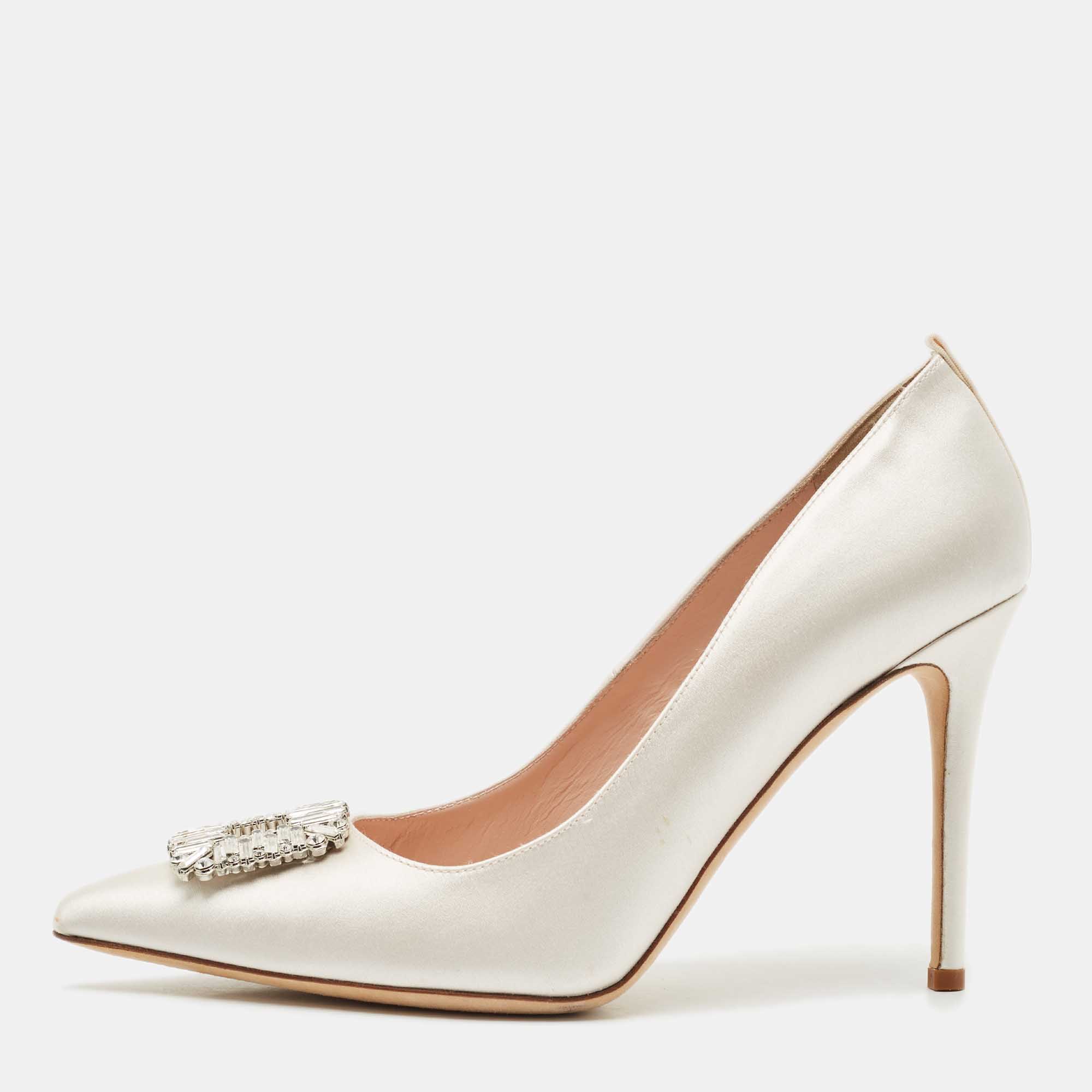 

SJP Sarah Jessica Parker White Satin Crystals Embellished Pumps Size