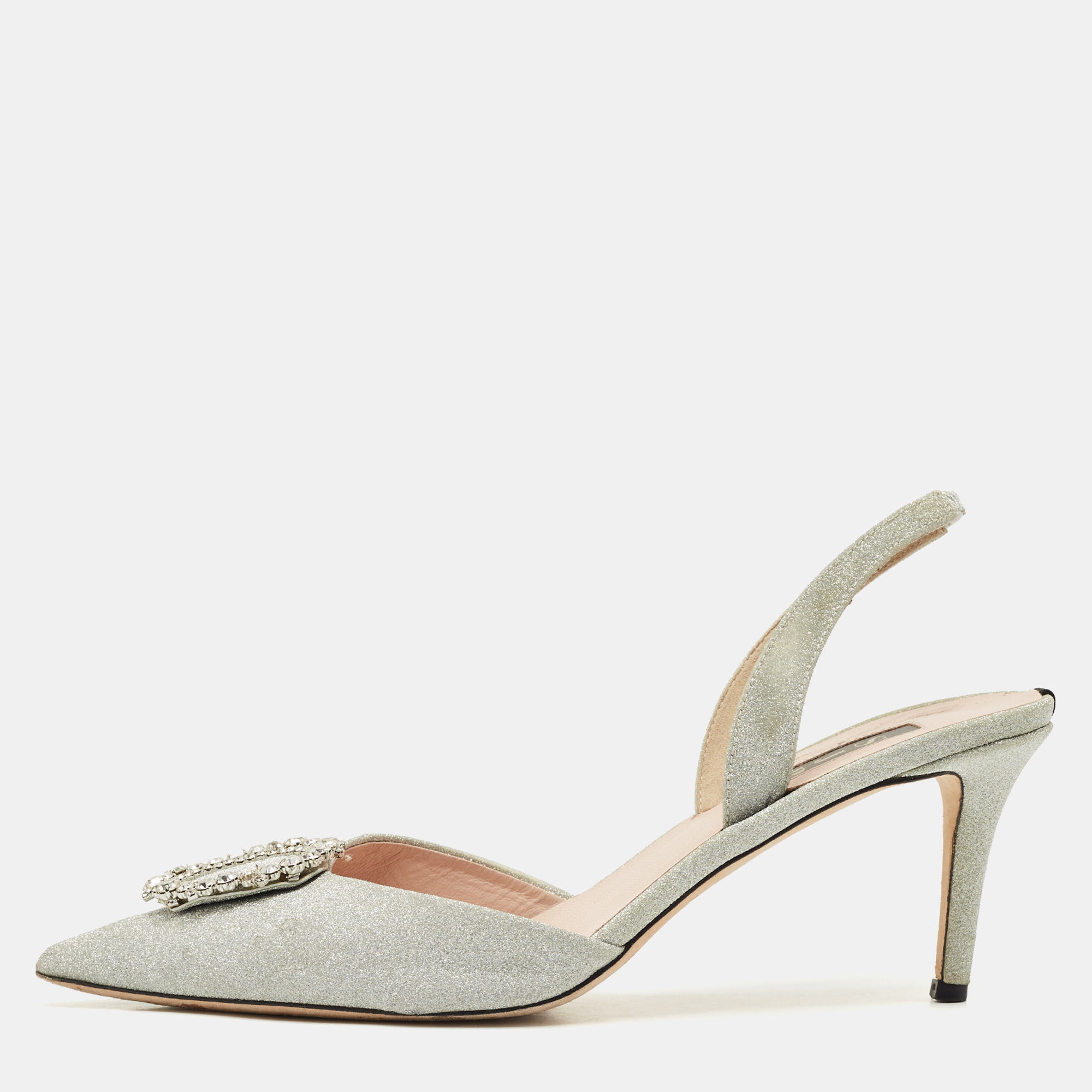 

SJP Sarah Jessica Parker Silver Glitter Leather Mabel Slingback Pumps Size