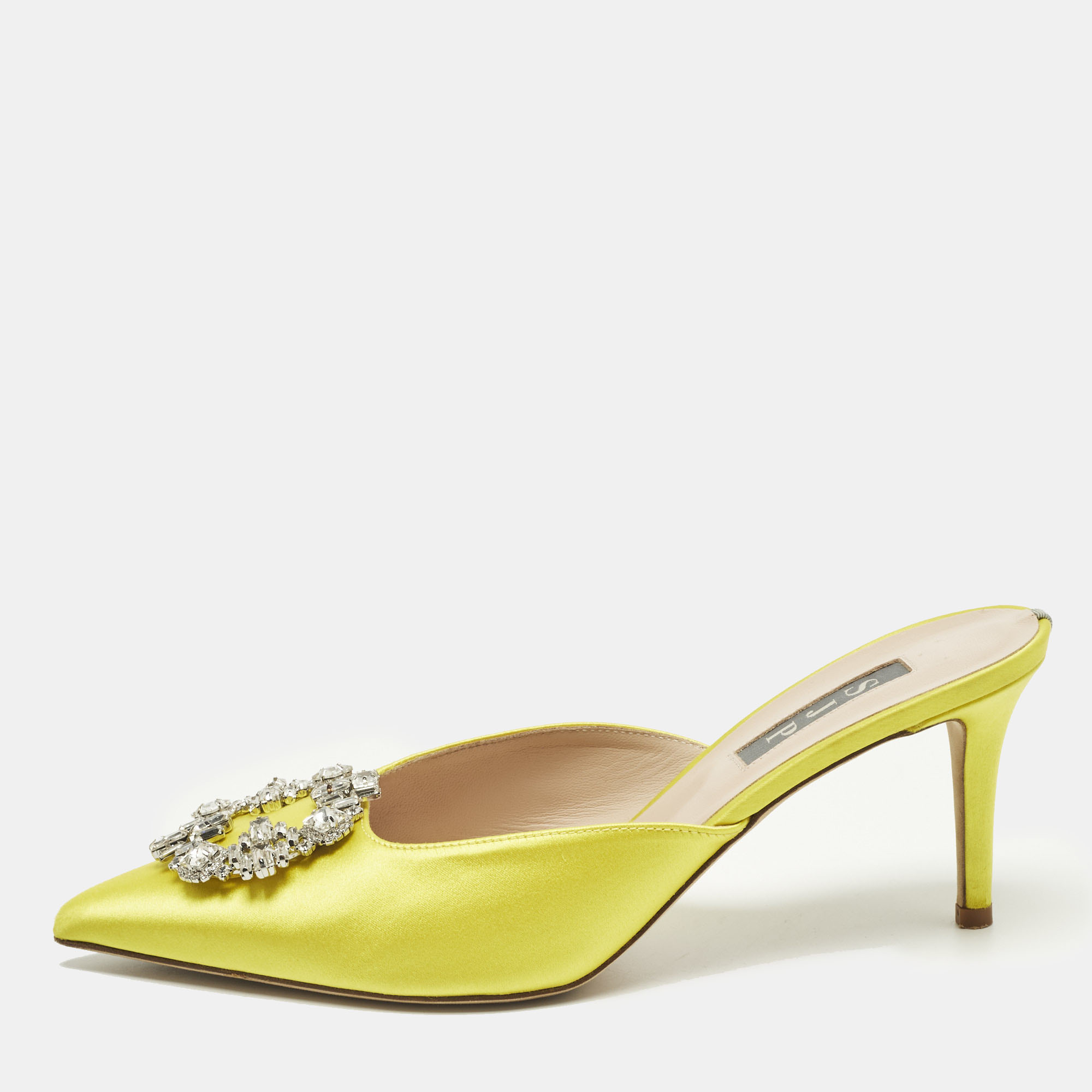 Pre-owned Sjp Sarah Jessica Parker Size 38.5 Yellow Satin Crystal Embellished Mules