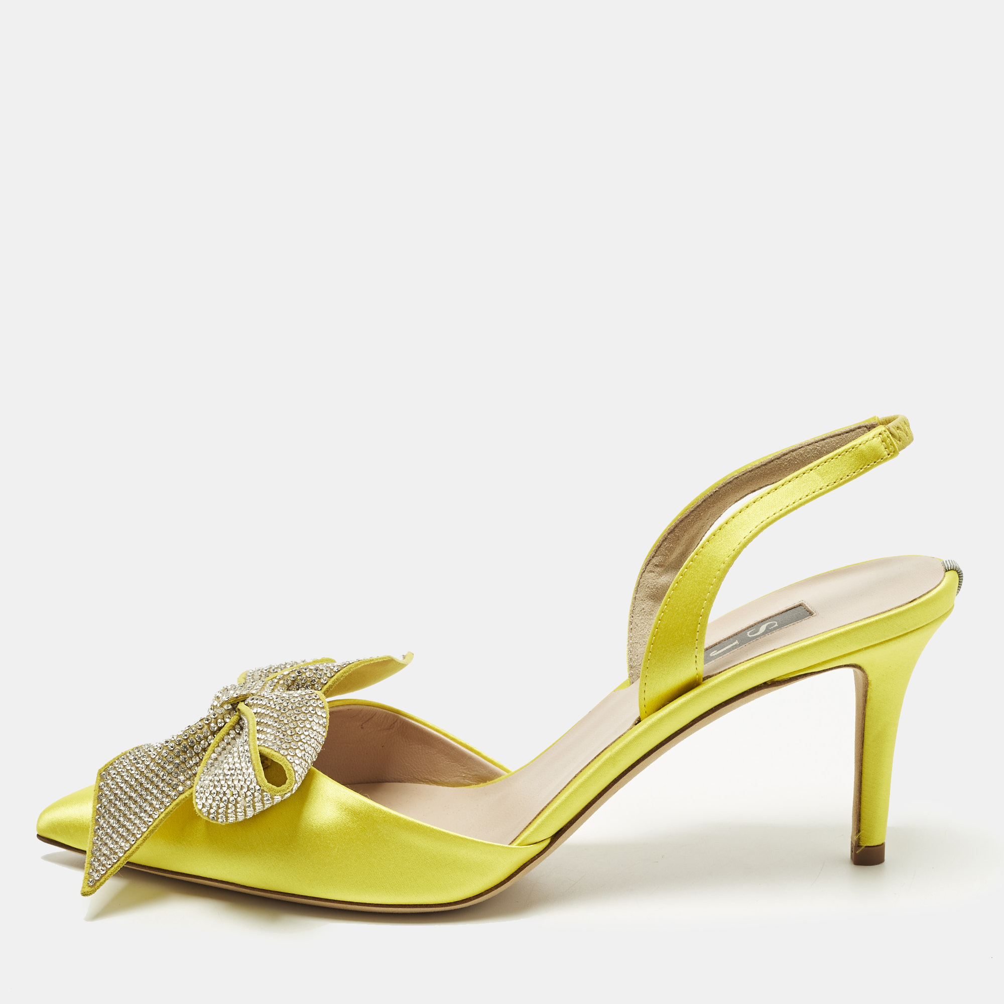 

SJP Sarah Jessica Parker The LJ Recital Size  Satin Bow Crystal Embellished Slingback Pumps, Silver