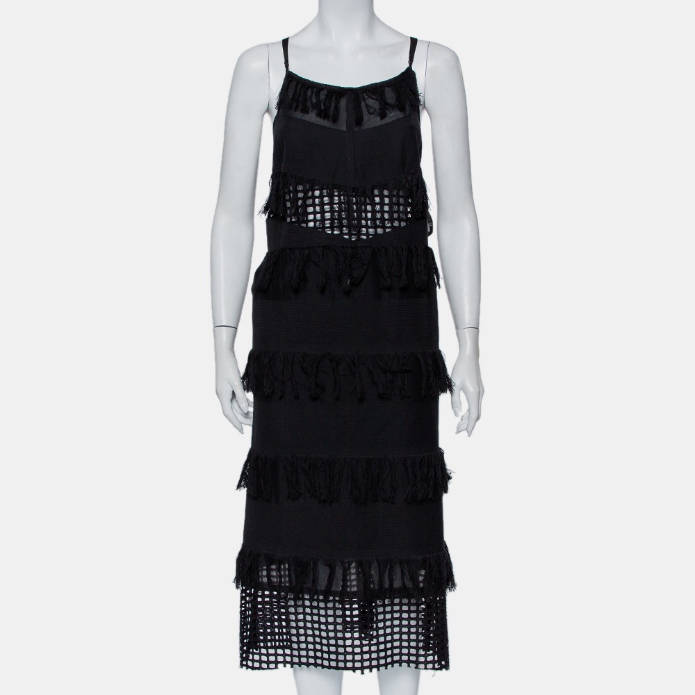 Pre-owned Sea Black Cotton Cutwork Paneled Fringed Midi Dress M