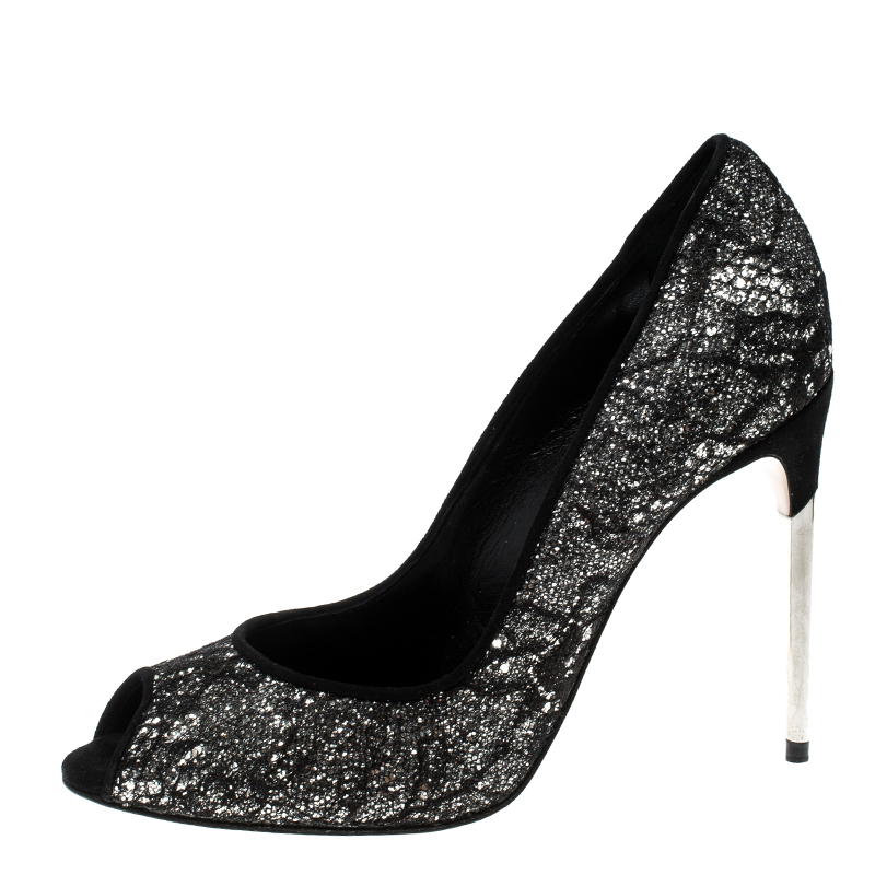 

Sebastian Black Lace and Silver Glitter Peep Toe Pumps Size