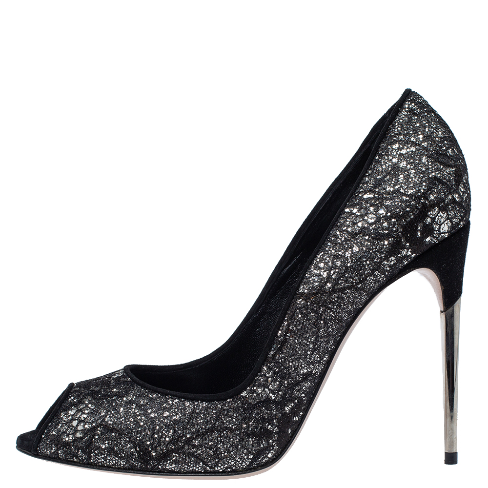 

Sebastian Black Lace and Silver Glitter Peep Toe Pumps Size