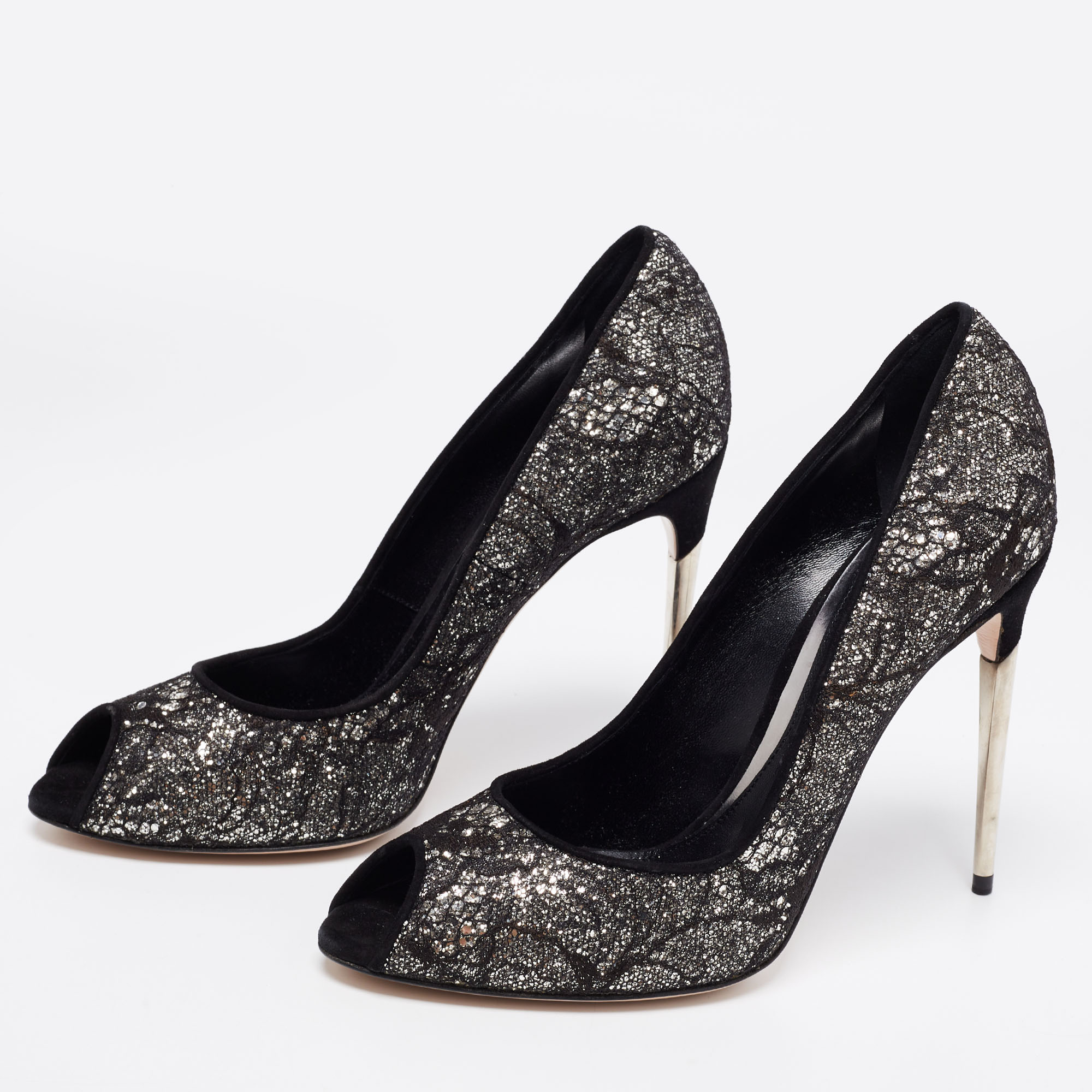 

Sebastian Black Lace And Glitter Peep Toe Pumps Size
