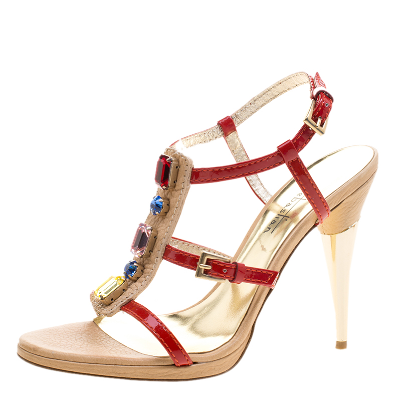 Sebastian Red Patent Leather Crystal Embellished T Strap Sandals Size 37