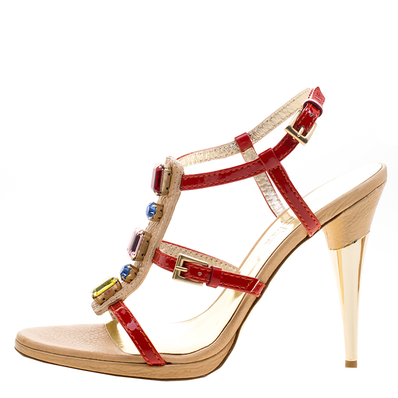 

Sebastian Red Patent Leather Crystal Embellished T Strap Sandals Size