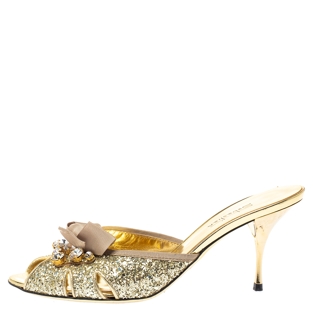

Sebastian Gold Glitter Bow Peep Toe Sandals Size
