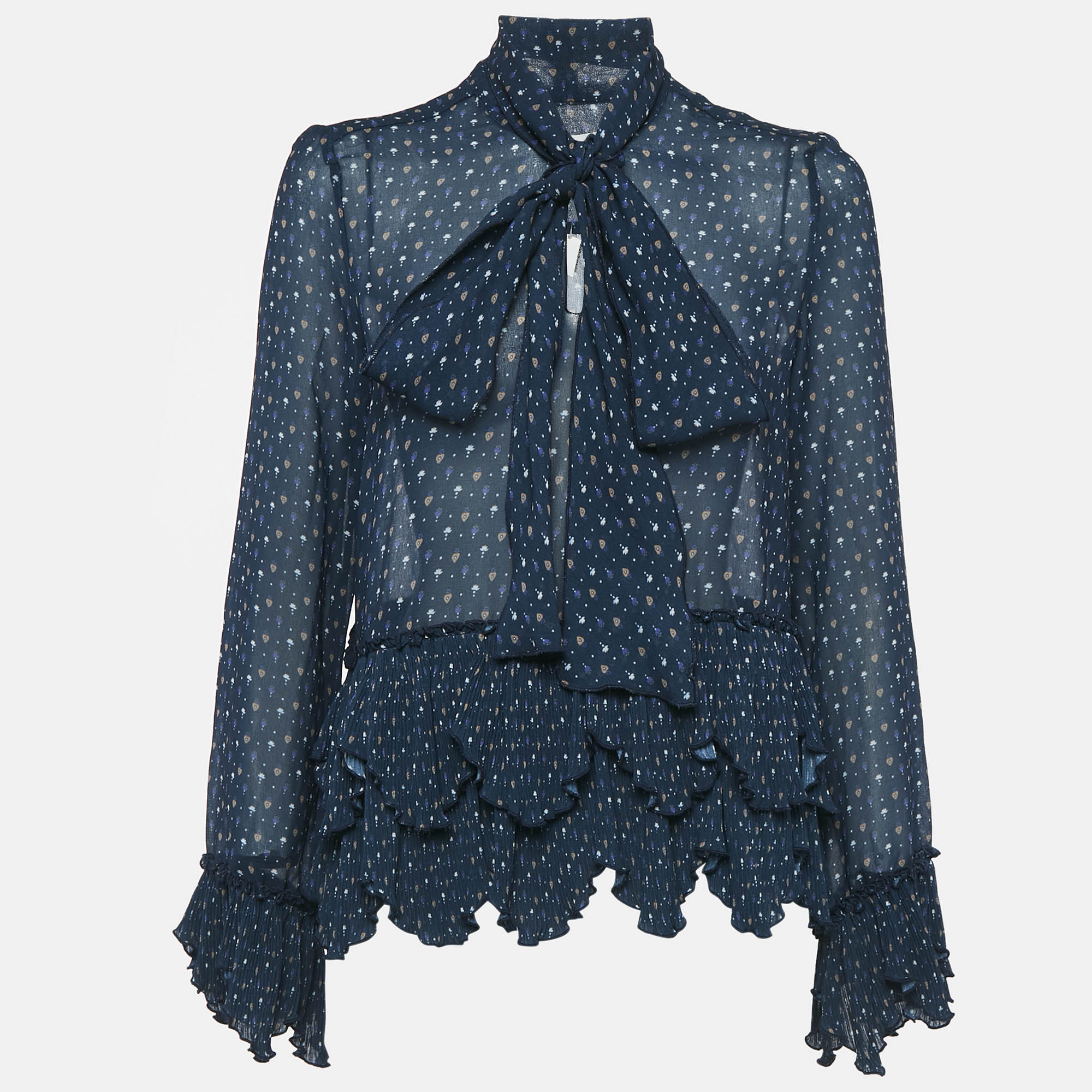 

See by Chloe Navy Blue Printed Crepe Asymmetric Plisse Blouse M