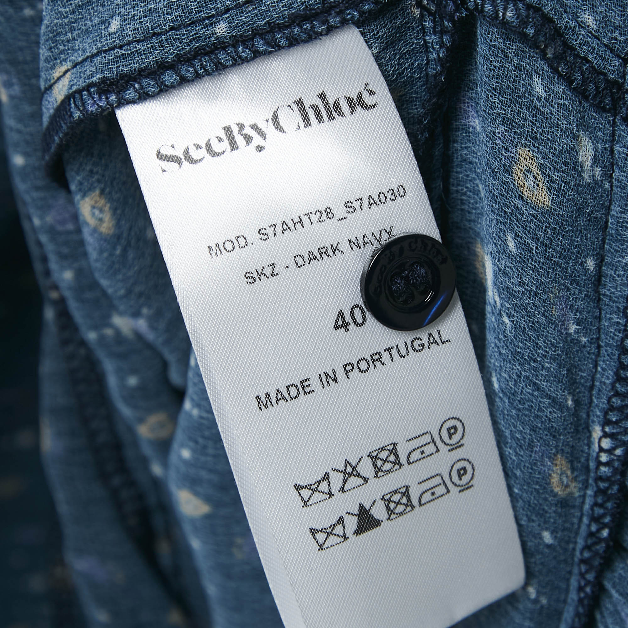 See by Chloe Navy Blue Printed Crepe Asymmetric Plisse Blouse M 