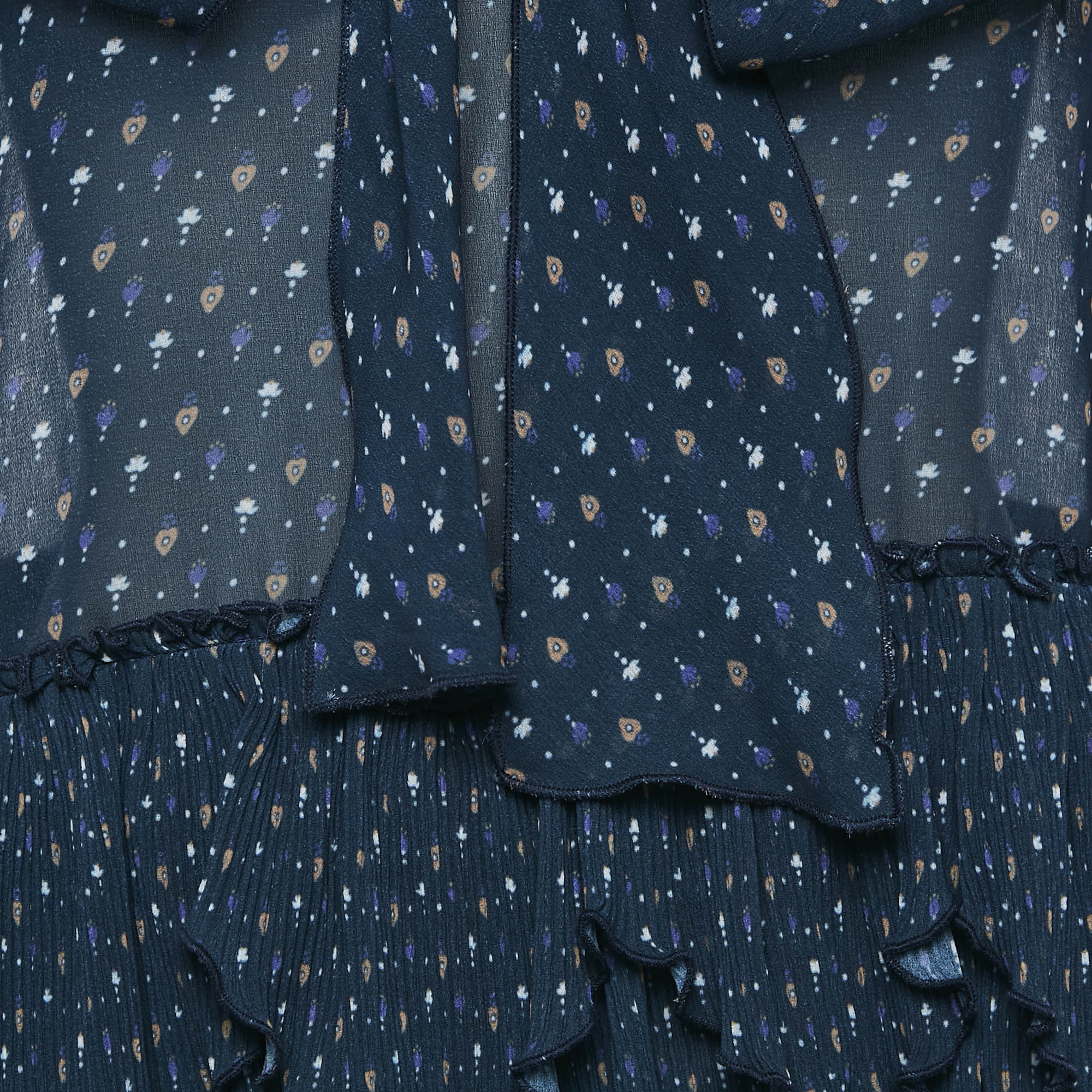See by Chloe Navy Blue Printed Crepe Asymmetric Plisse Blouse M 