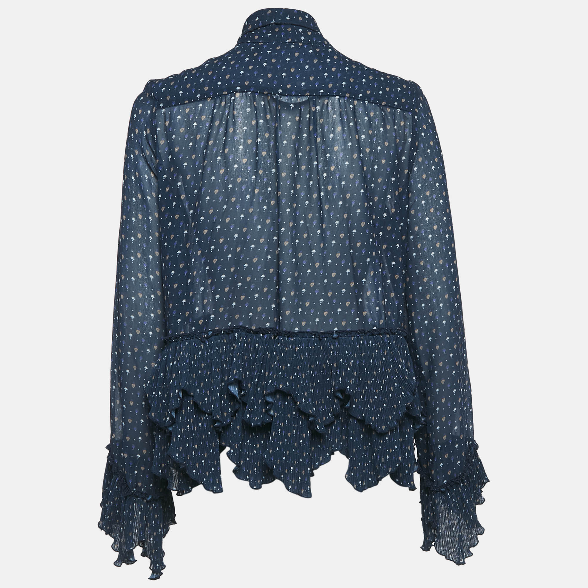 See by Chloe Navy Blue Printed Crepe Asymmetric Plisse Blouse M 