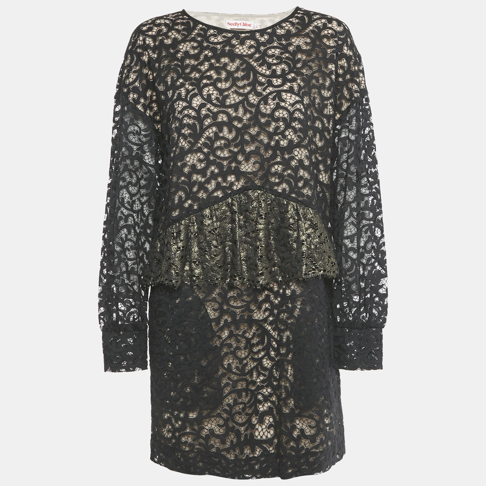 

See by Chloé Black Lace Frilled Short Dress M