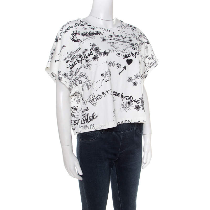 

See By Chloe Cloudy White Doodle Print Cotton Cropped T-Shirt