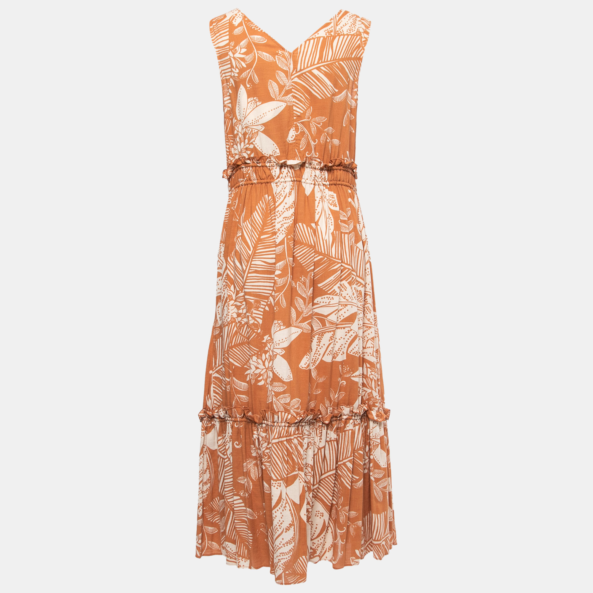

See by Chloe Brown/Beige Printed Cotton Blend Drawstring Maxi Dress