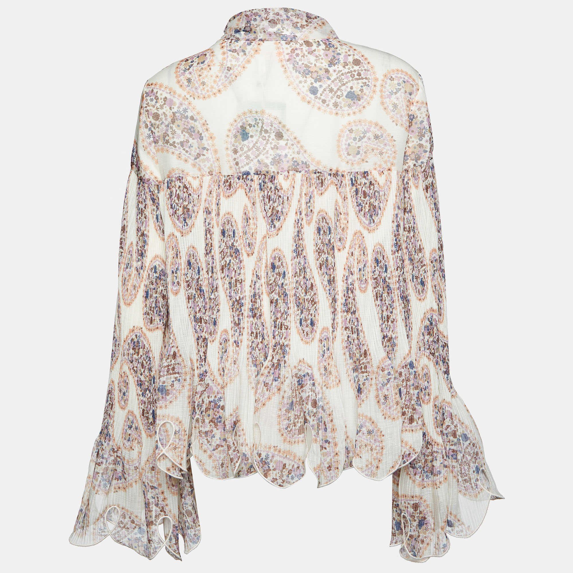 

See by Chloe Beige Paisley Printed Plisse Neck Tie Detail Top