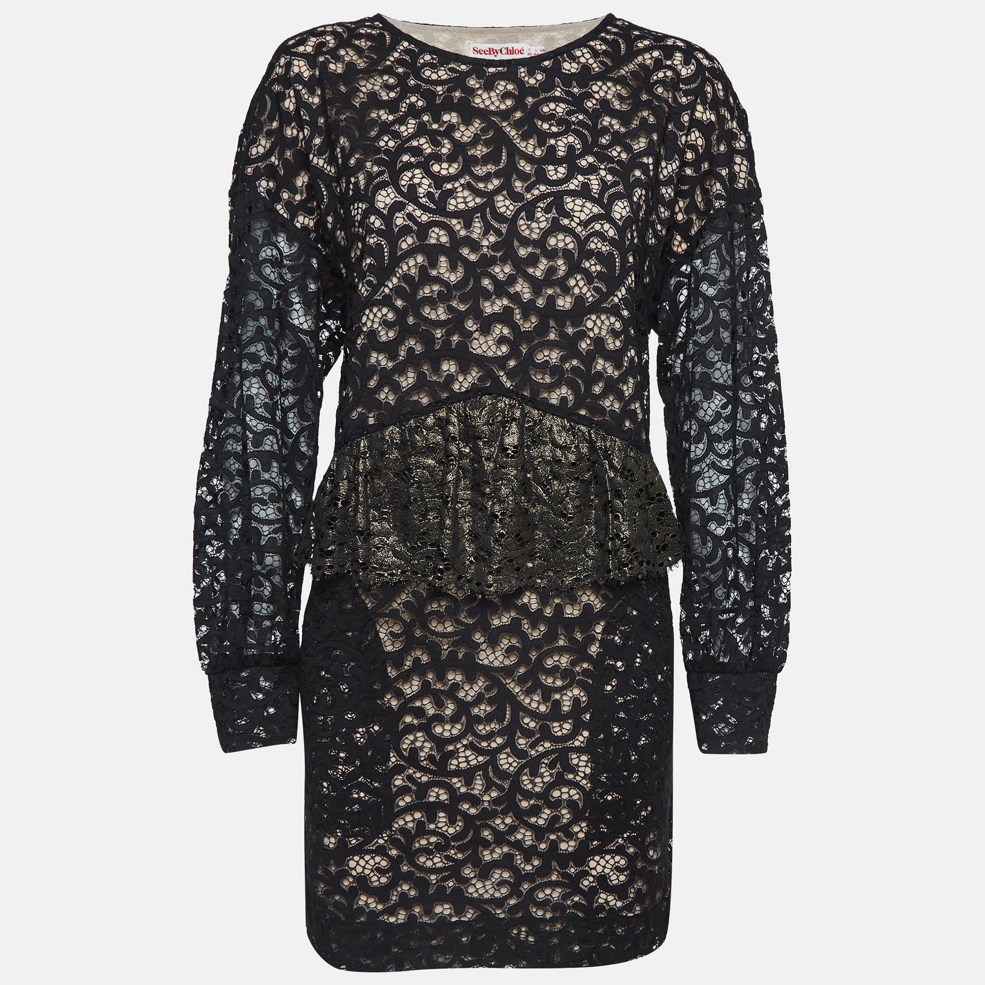 

See by Chloe Black Patterned Lace Ruffled Short Dress