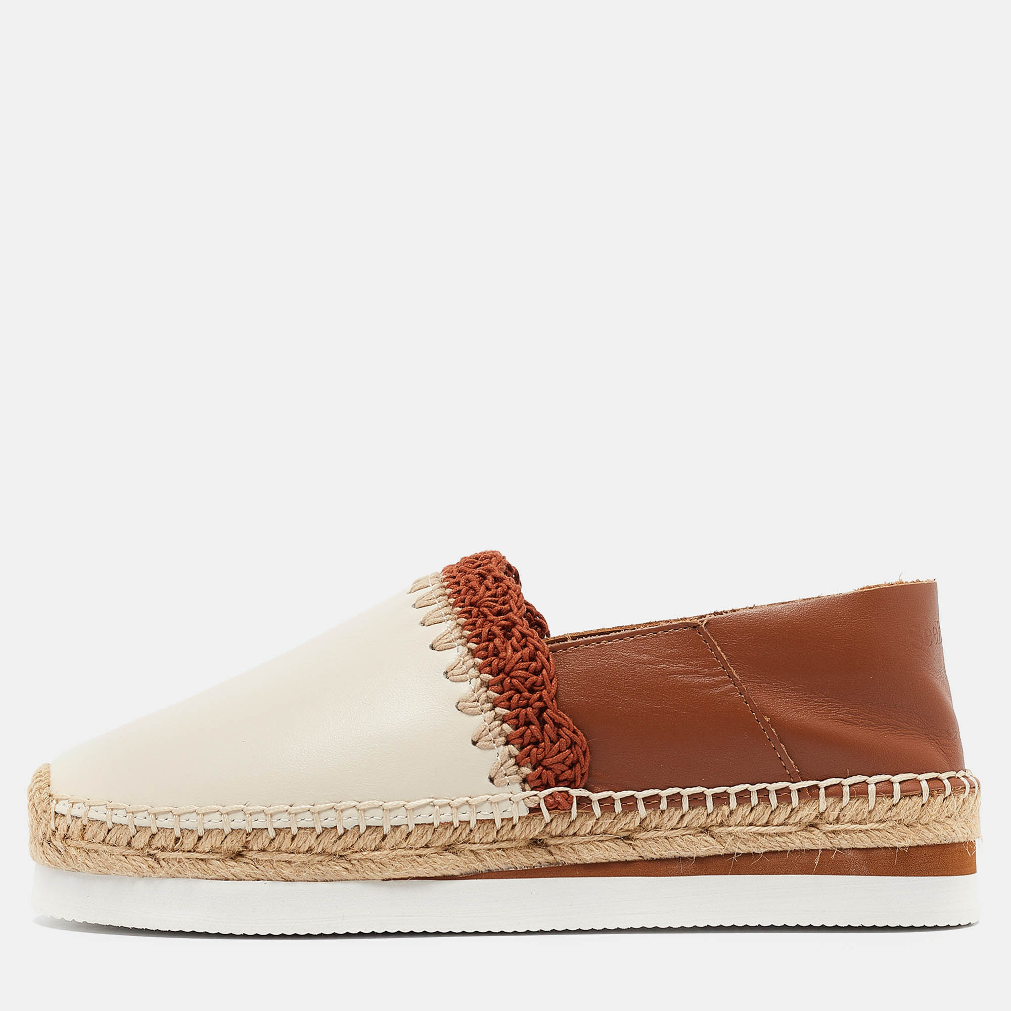 

See by Chloe Cream/Brown Leather Glyn Espadrille Flats Size